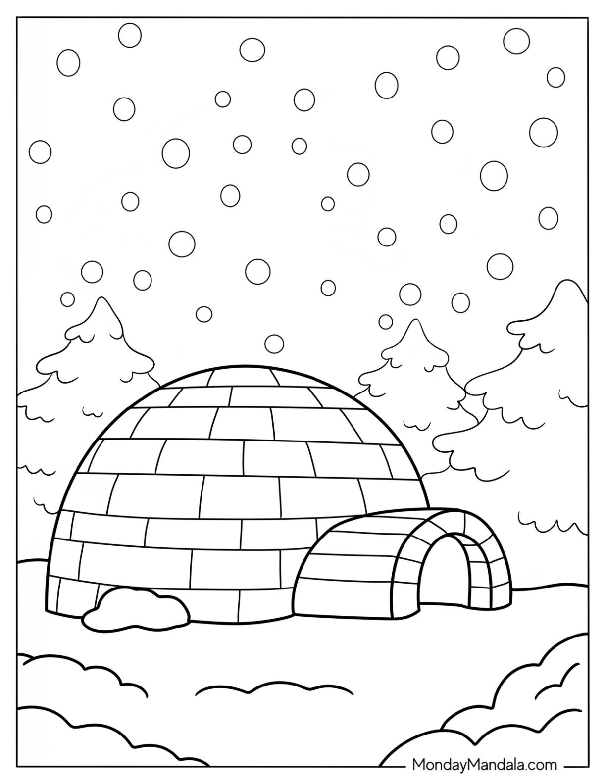 Igloo In Winter Coloring Page Surrounded By Trees