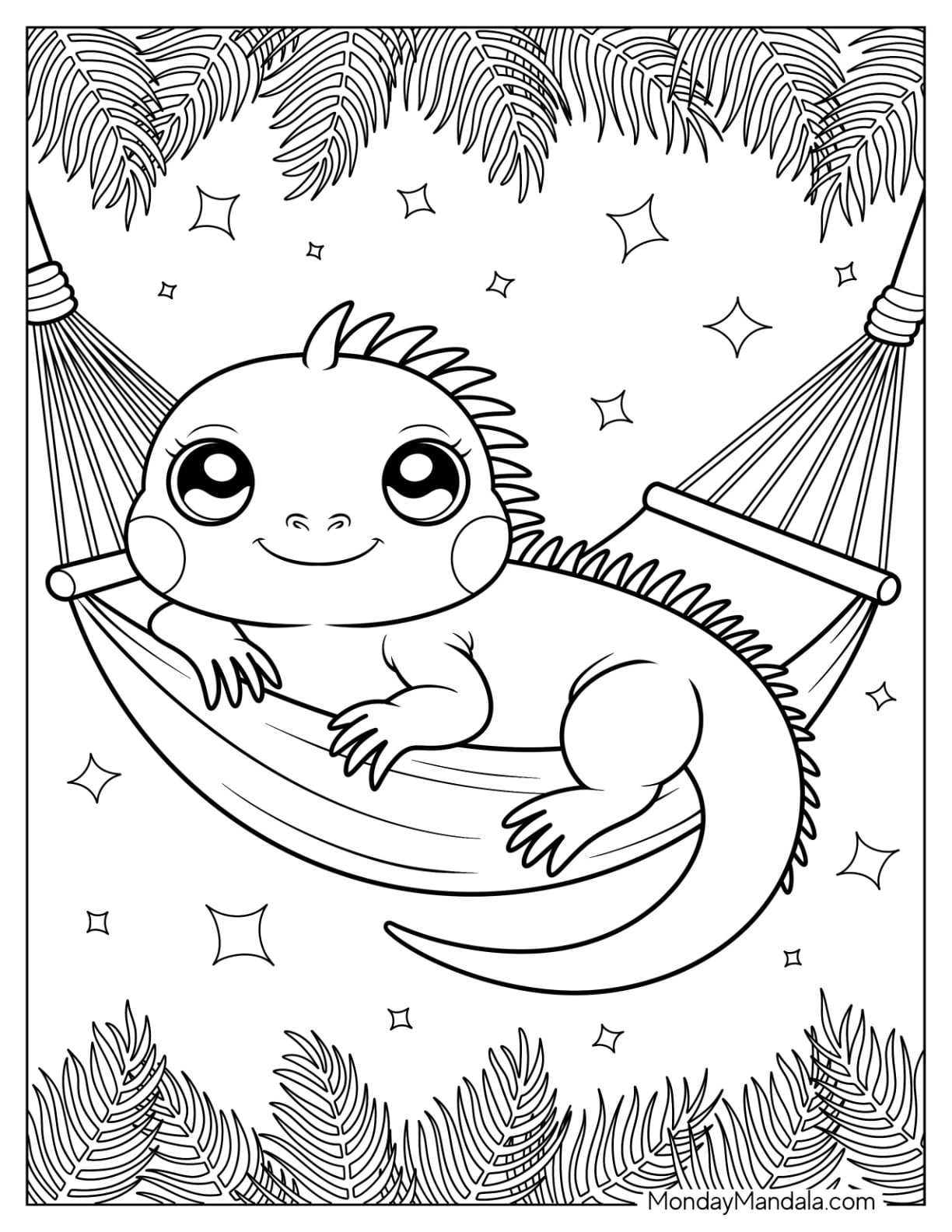 Iguana Coloring Page Resting in a Hammock for Preschoolers