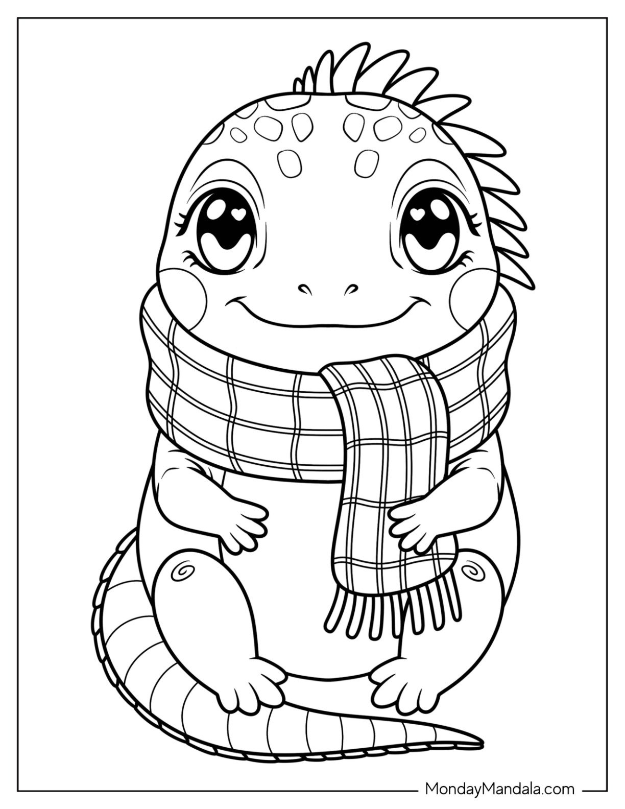 Iguana Coloring Page Wearing a Cozy Scarf for Kids