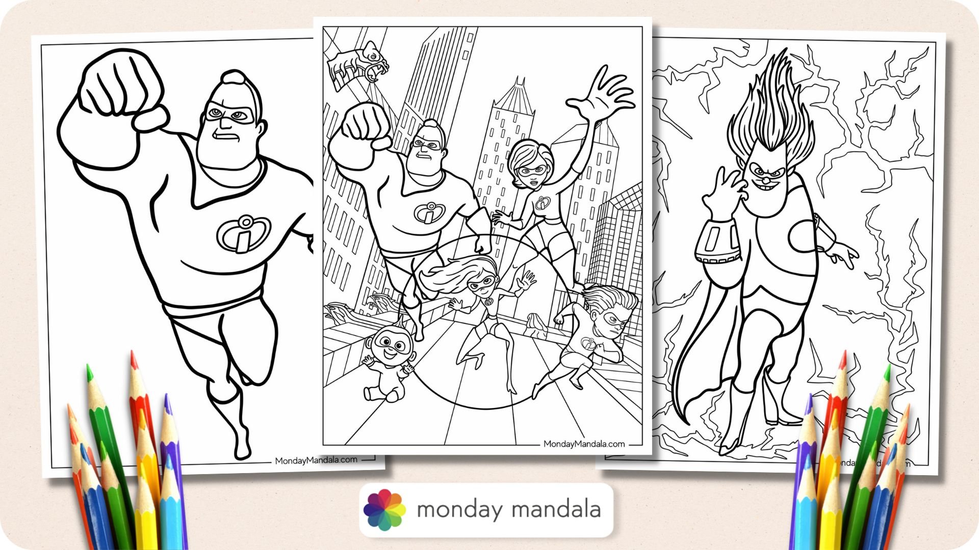 Free Printable Incredibles Characters Coloring Page for Adults and Kids 