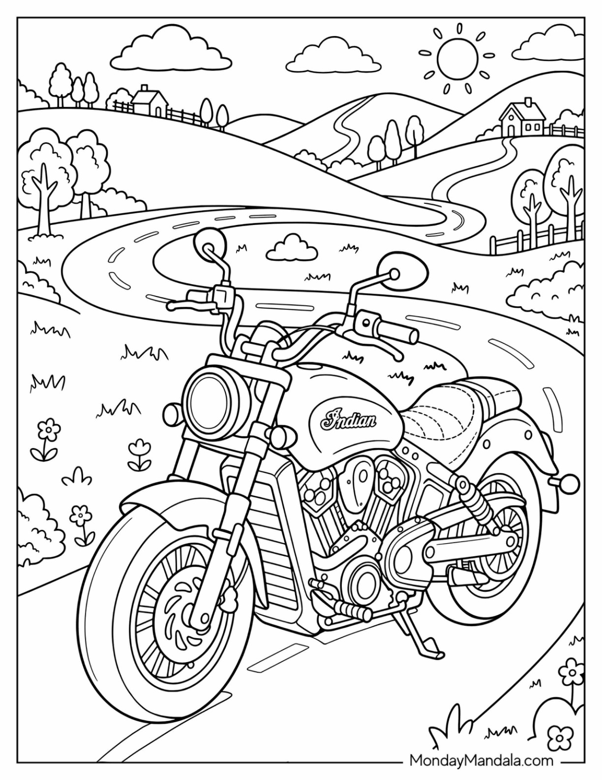 Indian Scout Motorcycle on a Countryside Road Coloring Page