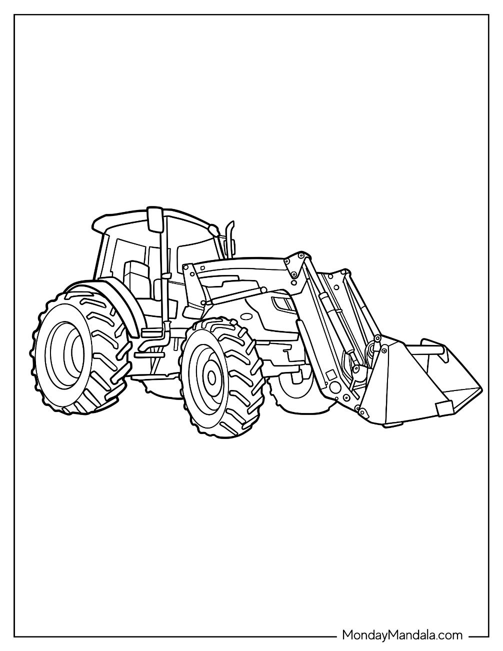 Industrial Tractor Coloring Page with Thick Tires and Loader