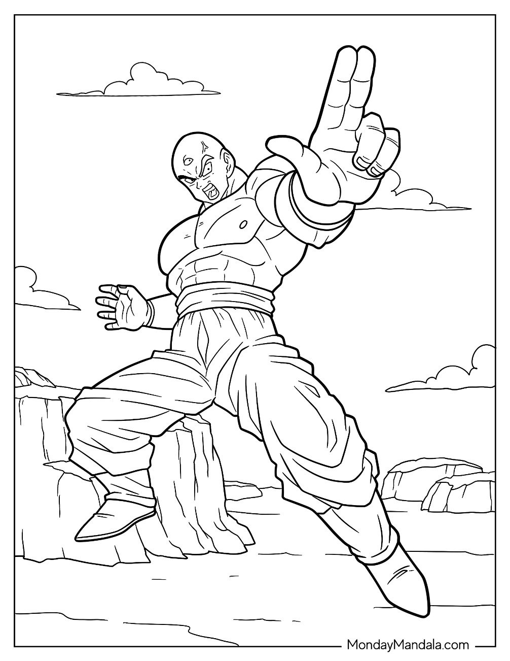 Intense Tien Shinhan in Battle Stance Dragon Ball Z Coloring Page