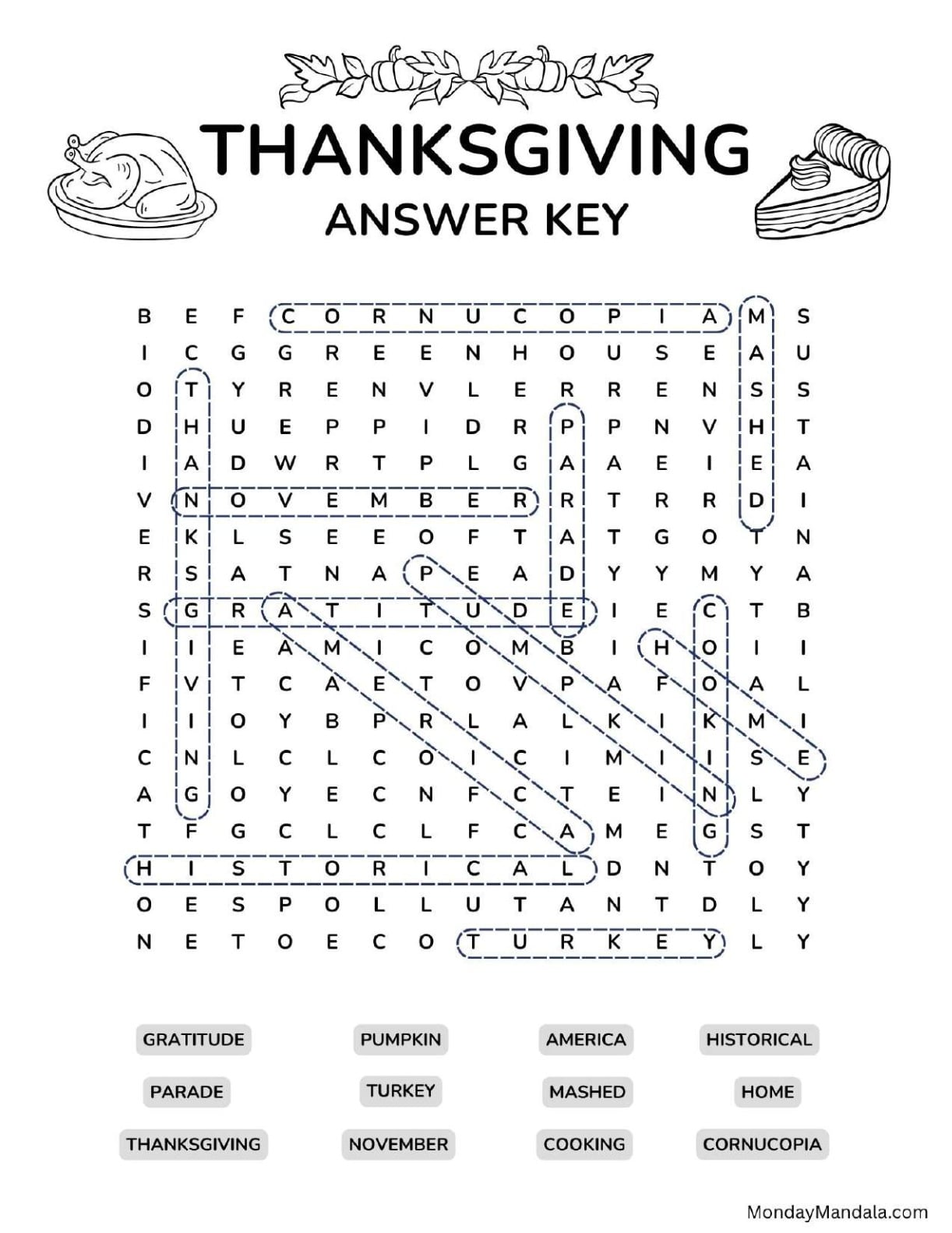Intermediate Thanksgiving Word Search Answer Key