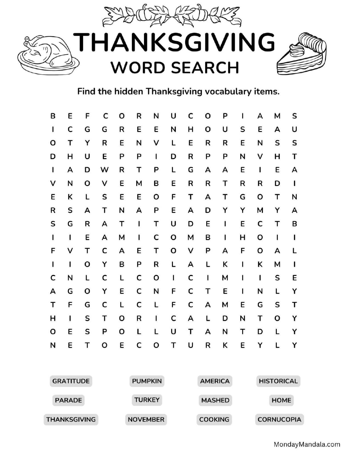 Intermediate Thanksgiving Word Search