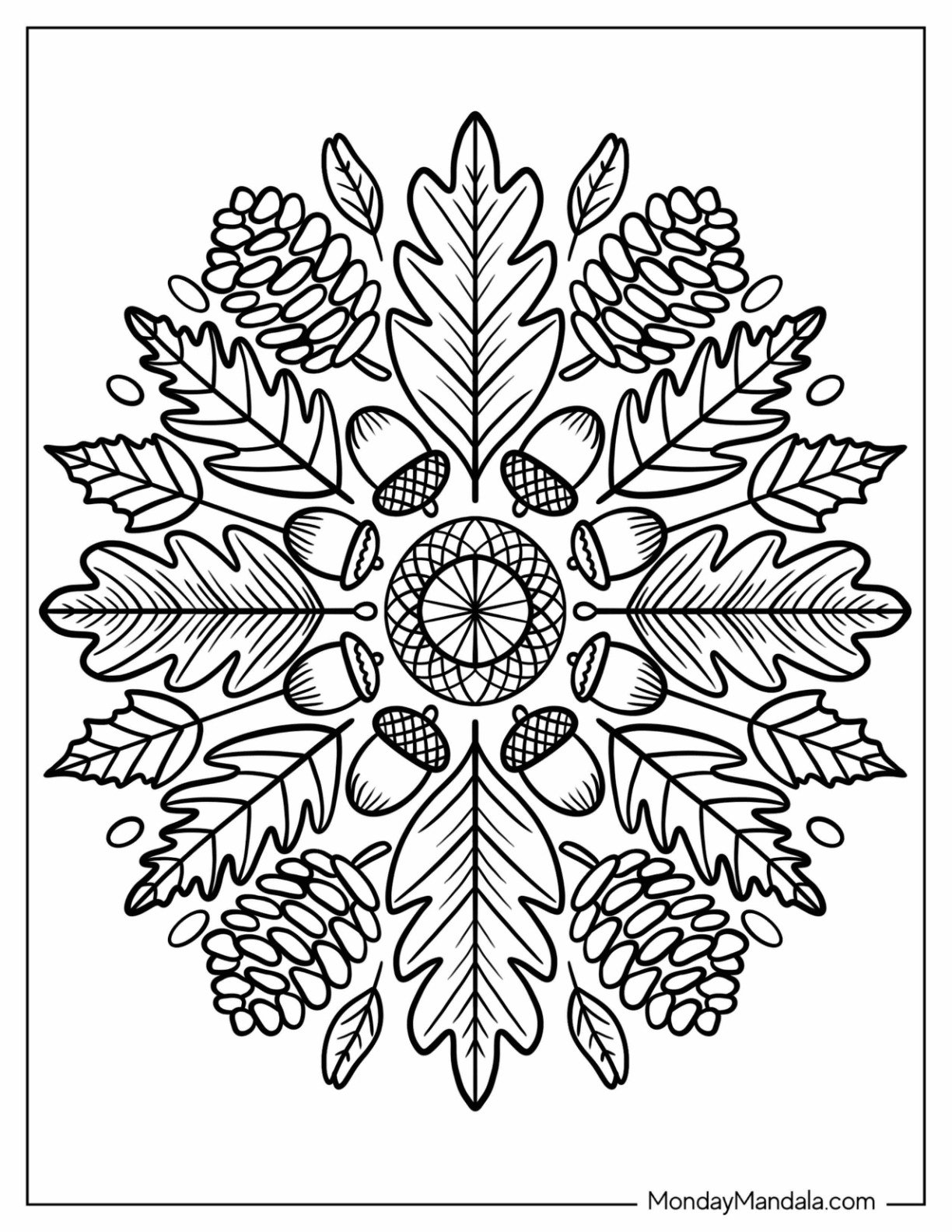 Autumn & Fall Coloring Page of Intricate Mandala with Acorns, Pinecones, and Oak Leaves