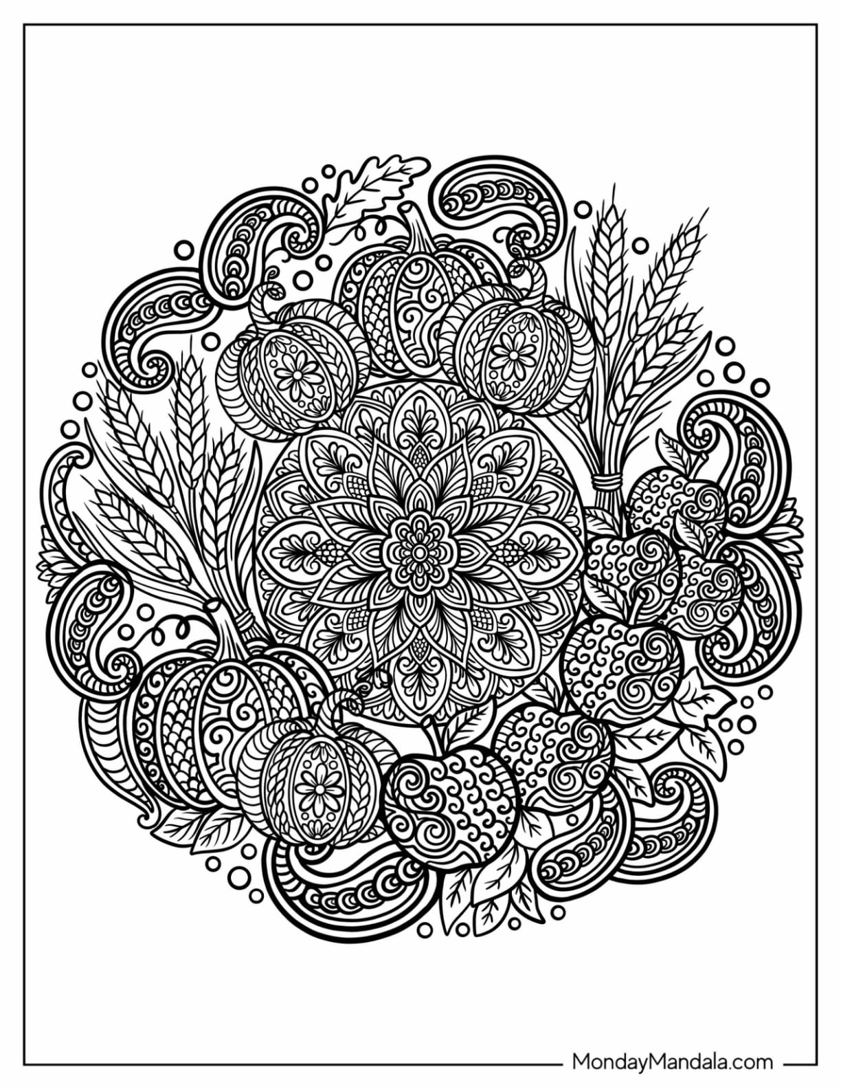 Intricate Autumn Pumpkin and Wheat Halloween Mandala Coloring Page
