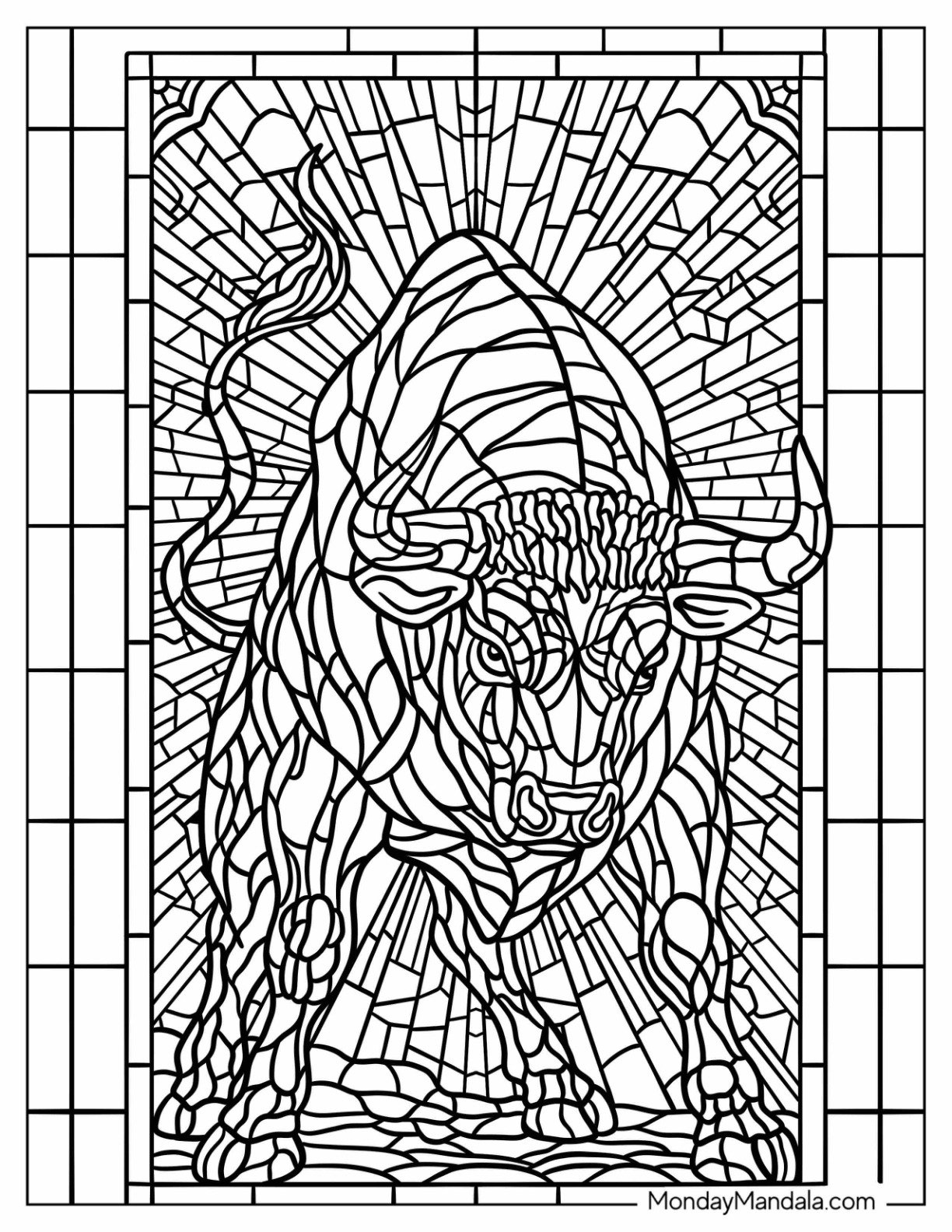 Intricate Bull Coloring Page Stained Glass for Adults