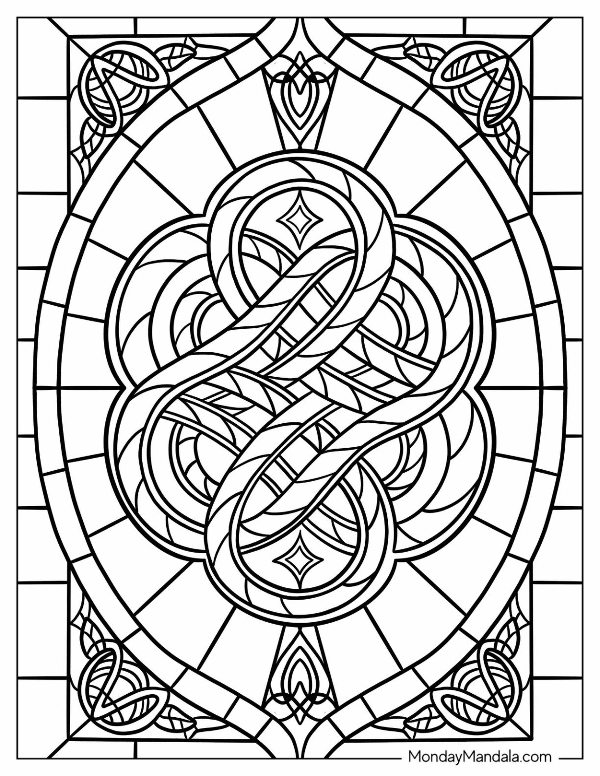 Intricate Celtic Knot with Geometric Frame Stained Glass Coloring Page