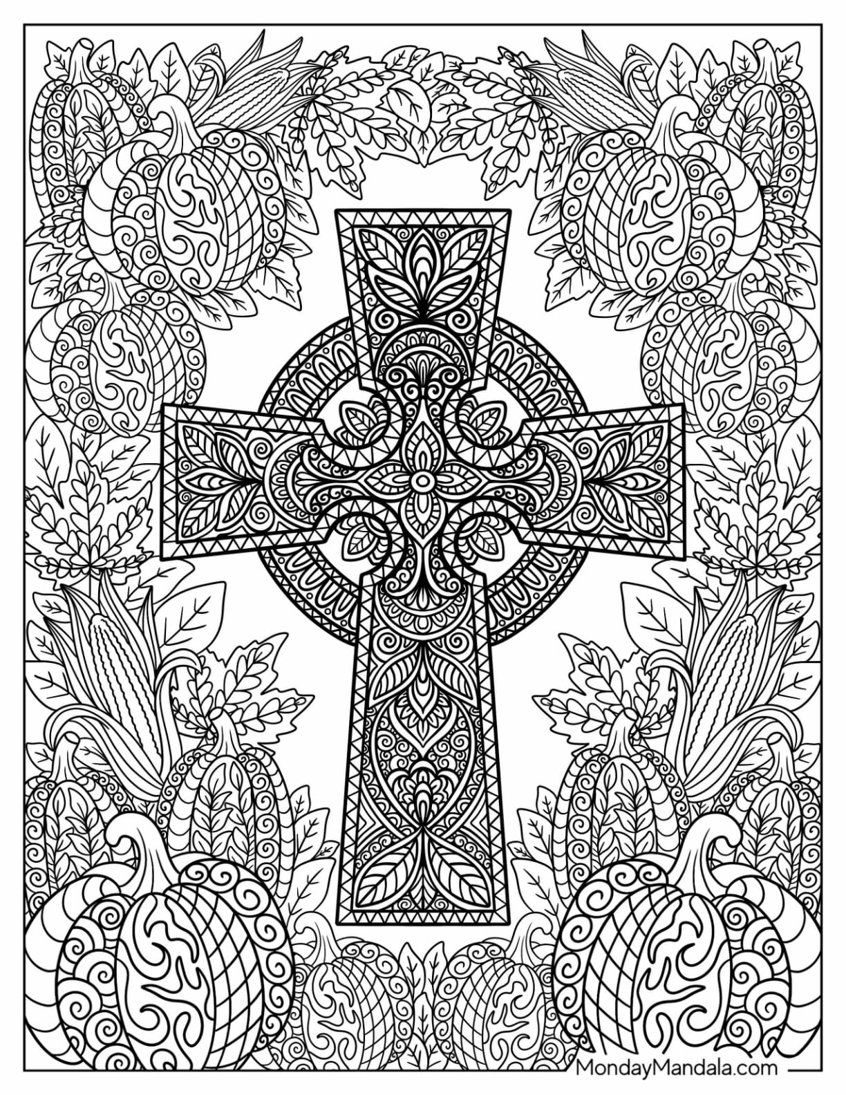 Intricate Christian Halloween Coloring Page of Cross Mandala with Pumpkins and Gourds