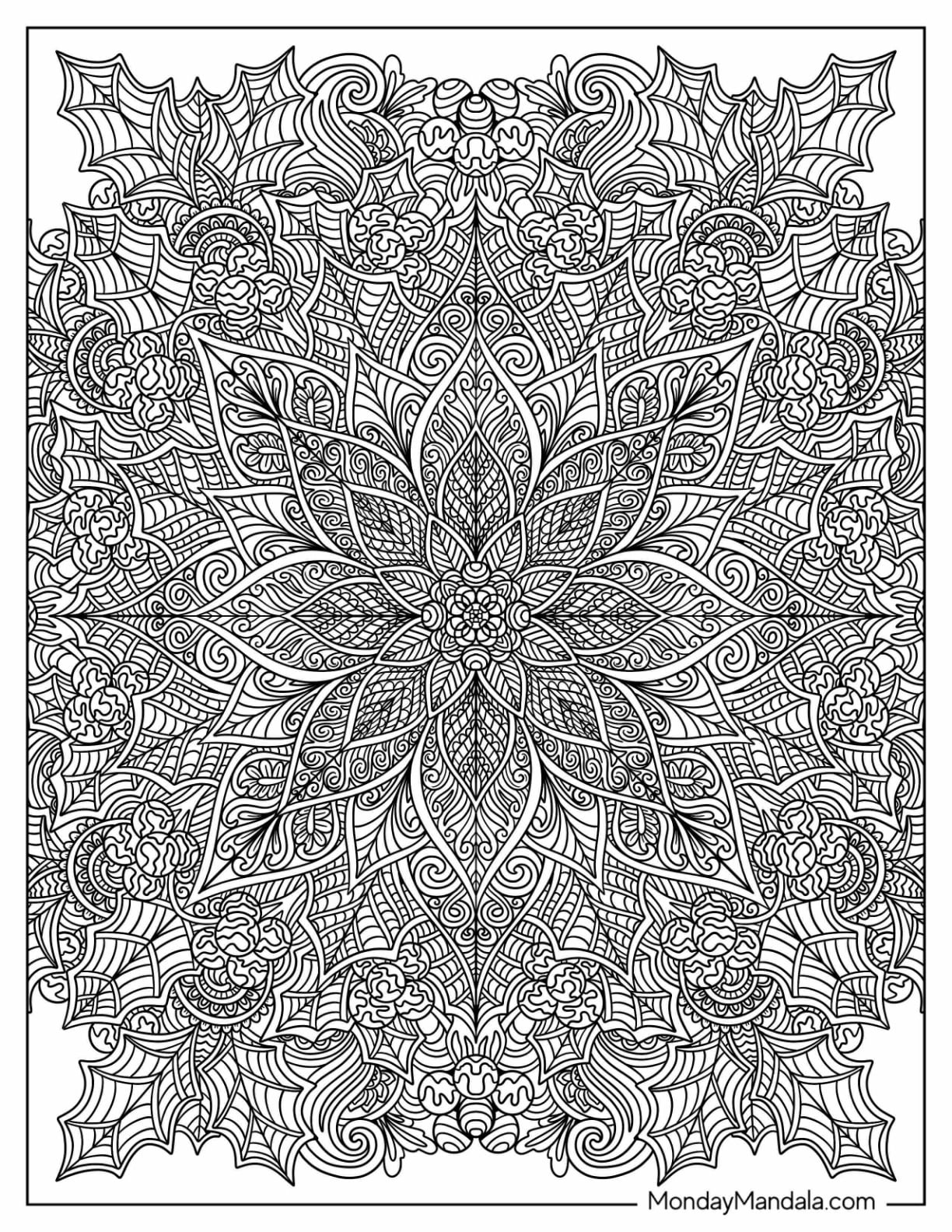 Intricate Christmas Flower Mandala with Leaves Coloring Sheet for Adults