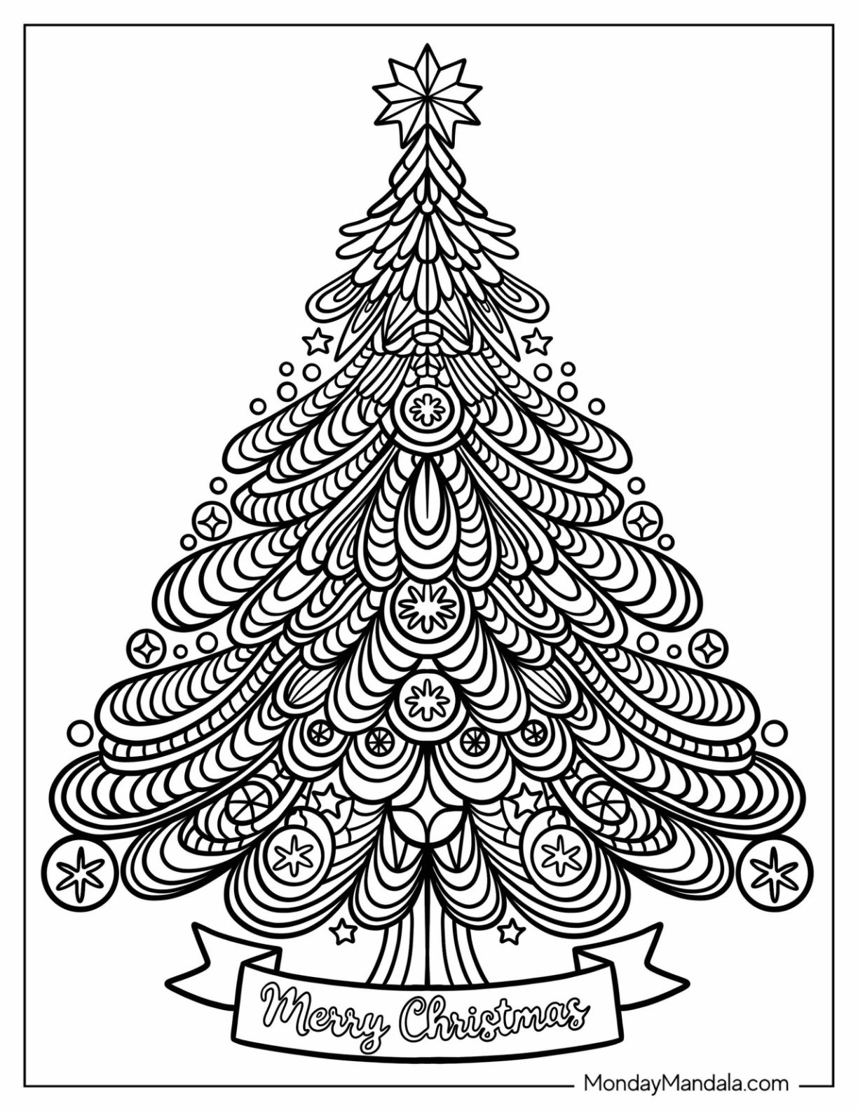 Intricate Christmas Tree Mandala with Banner Coloring Page