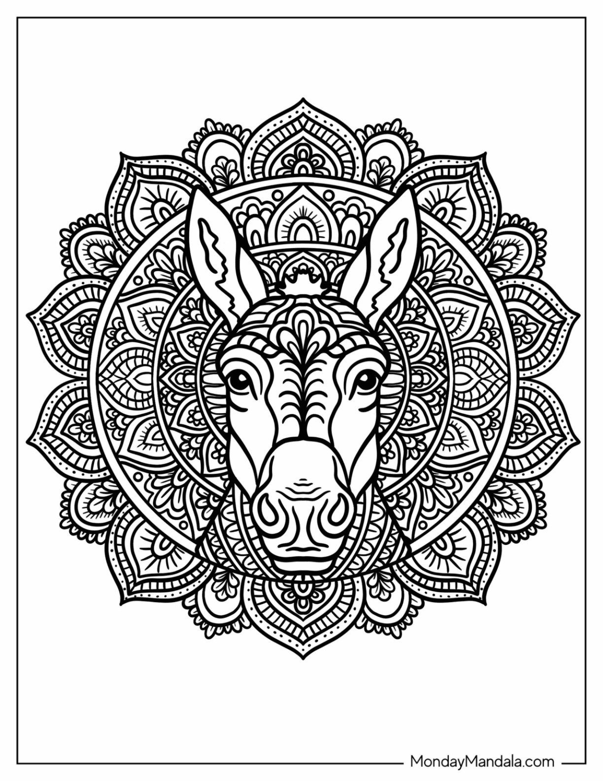 Intricate Donkey Coloring Page Mandala with Ornamental Floral Patterns