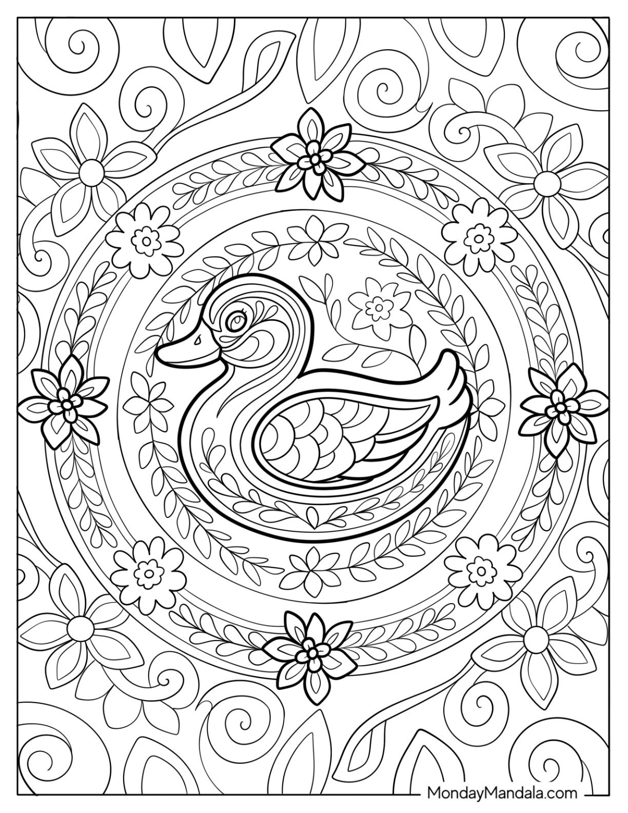 Intricate Duck Mandala with Floral Patterns Coloring Page For Adults