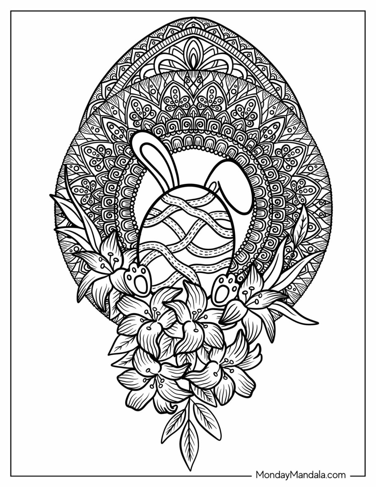Intricate Easter Coloring Page Mandala with Flowers and Bunny