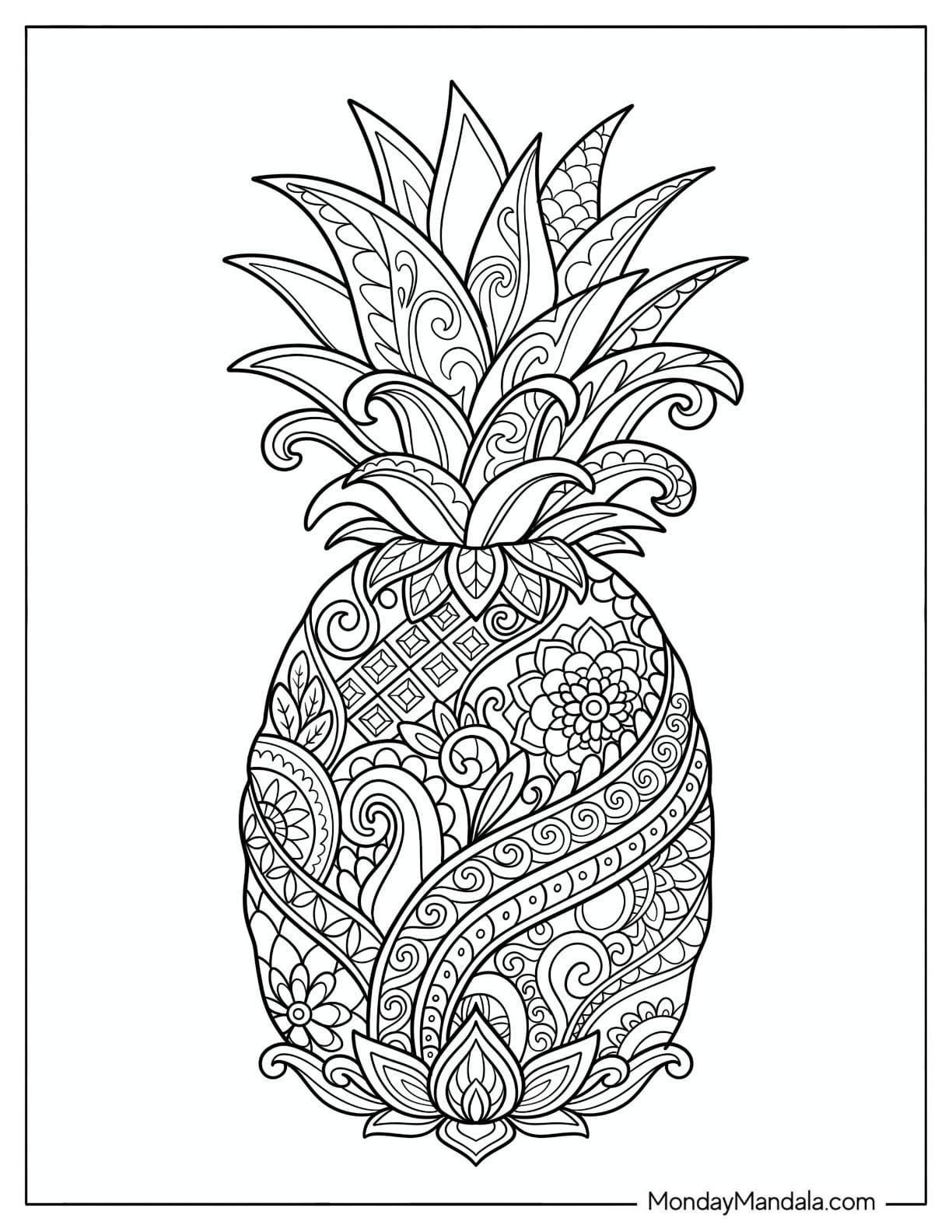 Intricate Floral Pineapple Coloring Page