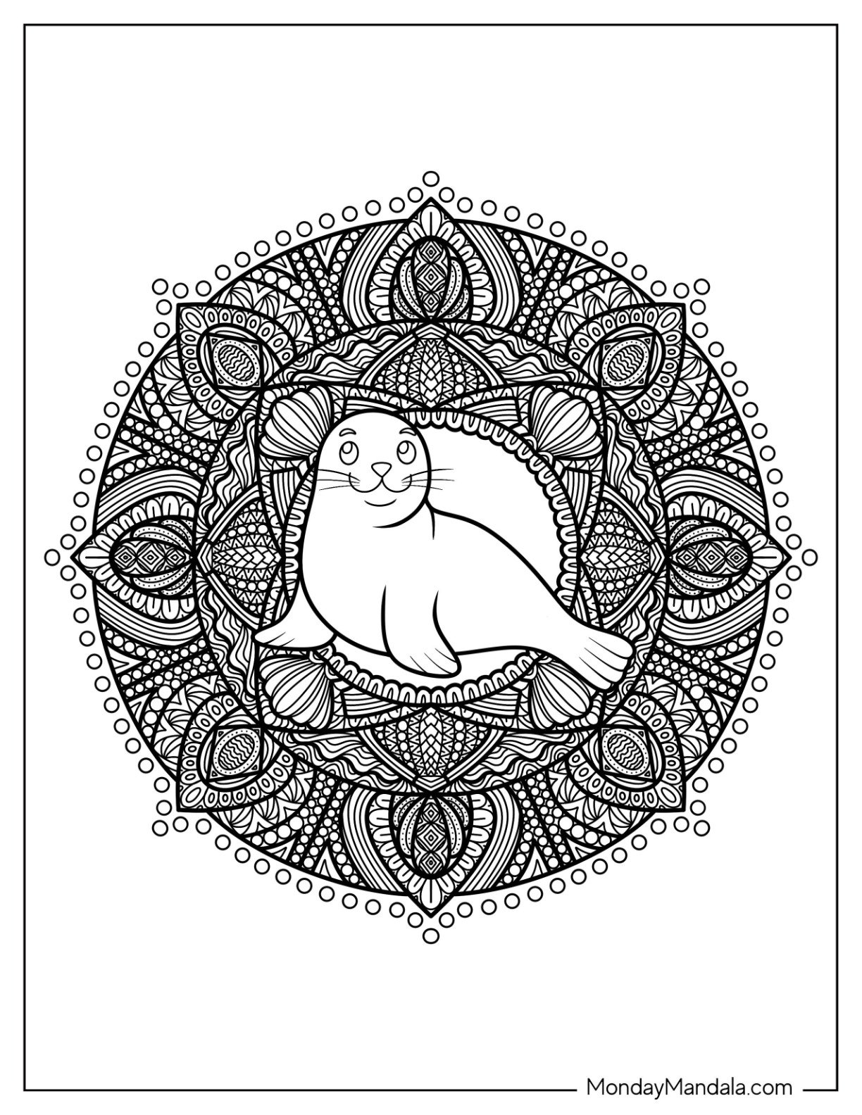 Intricate Flower Mandala with Seal Coloring Pagein in the Middle