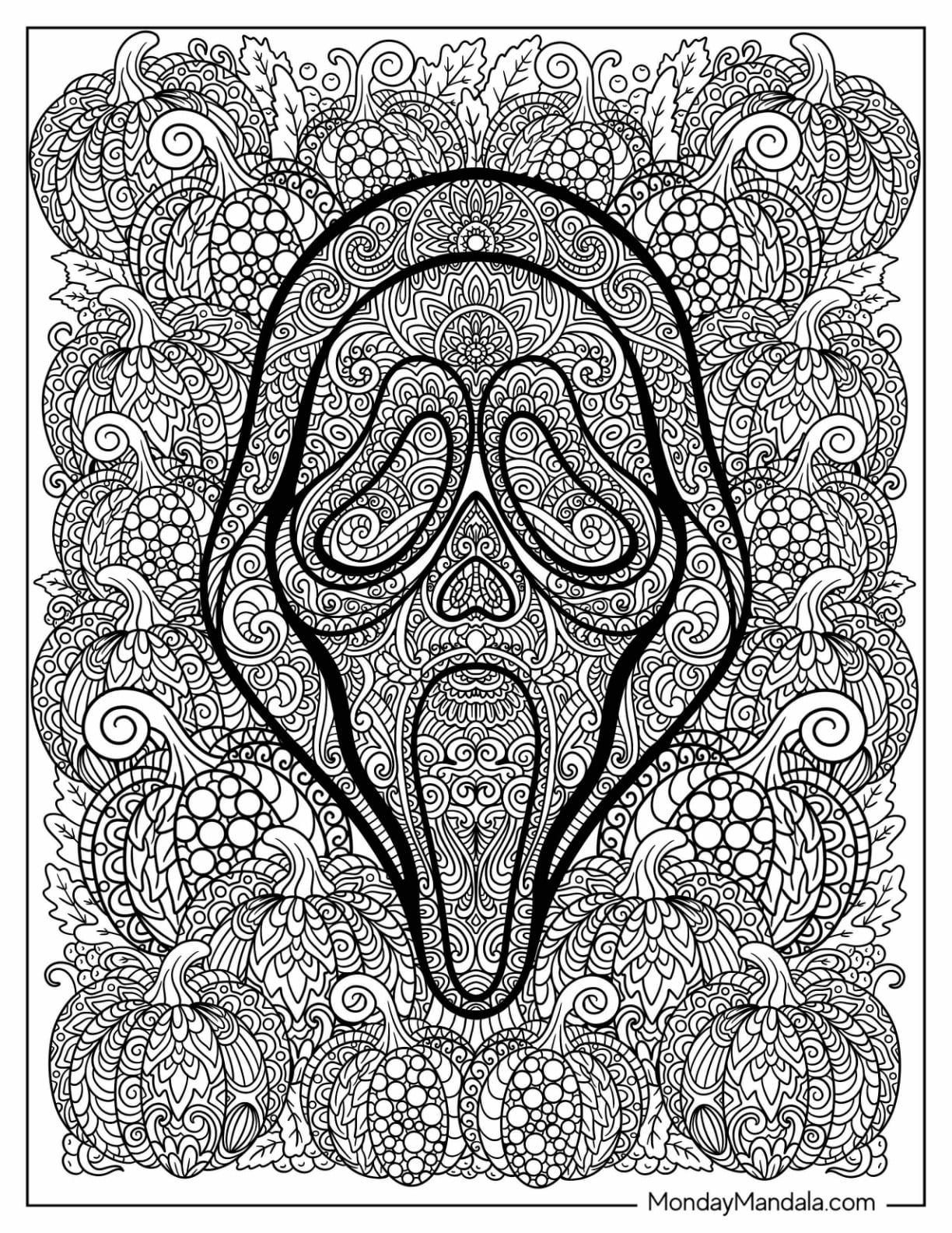 Intricate Ghost Face Mandala with Pumpkins