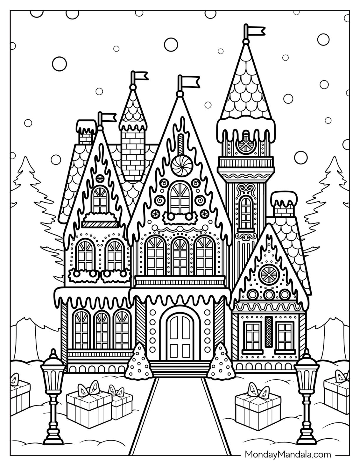 Intricate Gingerbread House Coloring Page in Winter with Presents and Lampposts