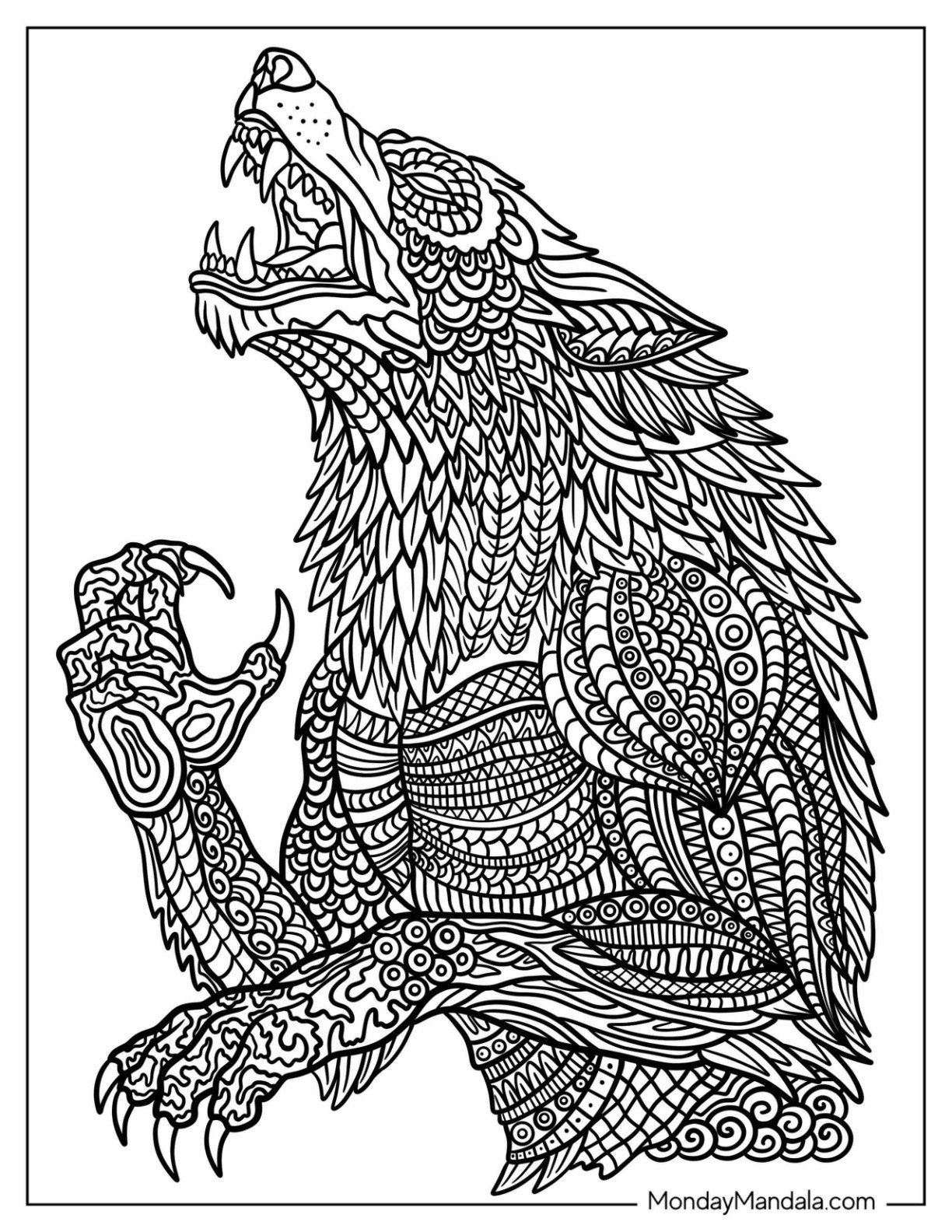 Intricate Howling Werewolf Coloring Page Mandala