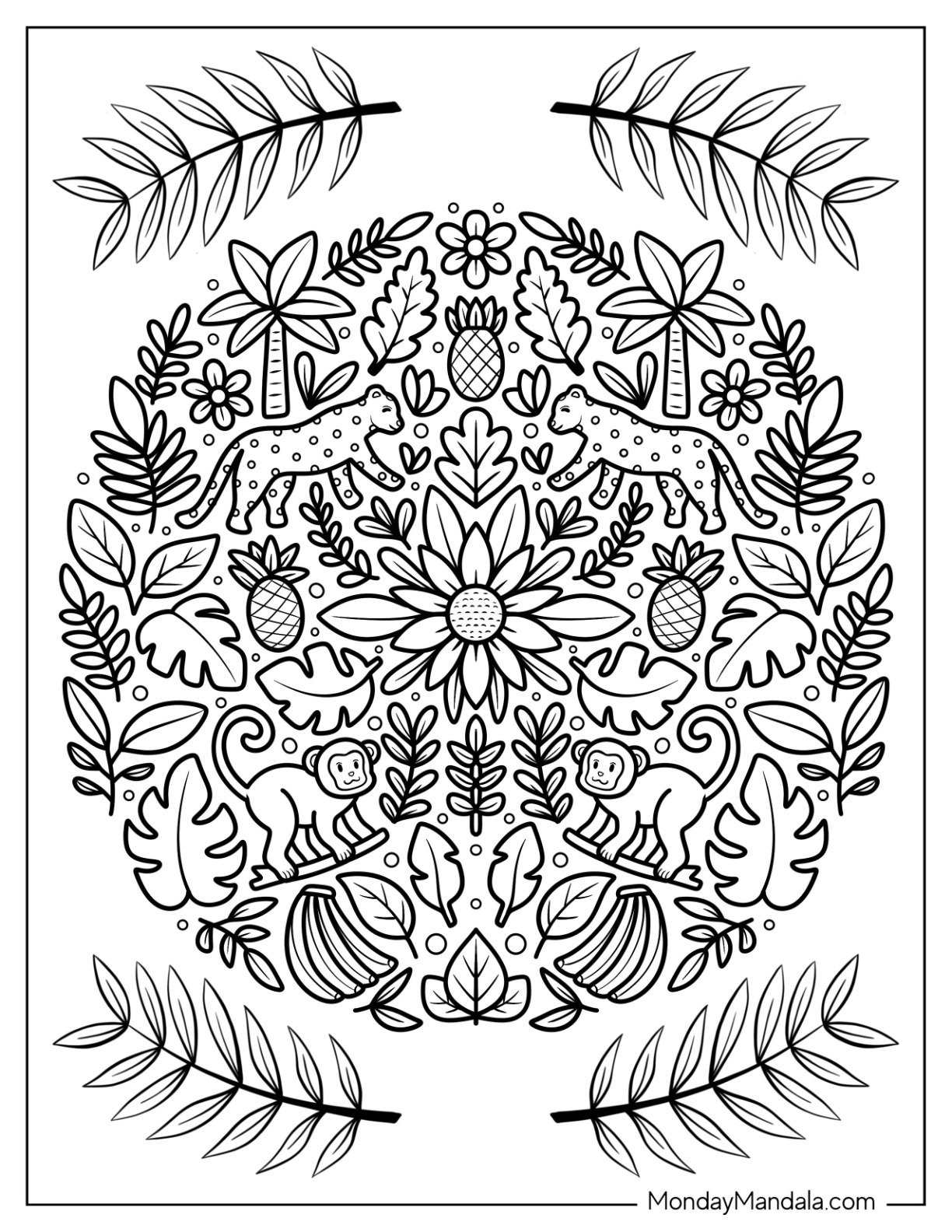 Intricate Jungle Coloring Page of Mandala with Leopards, Monkeys, and Tropical Plants
