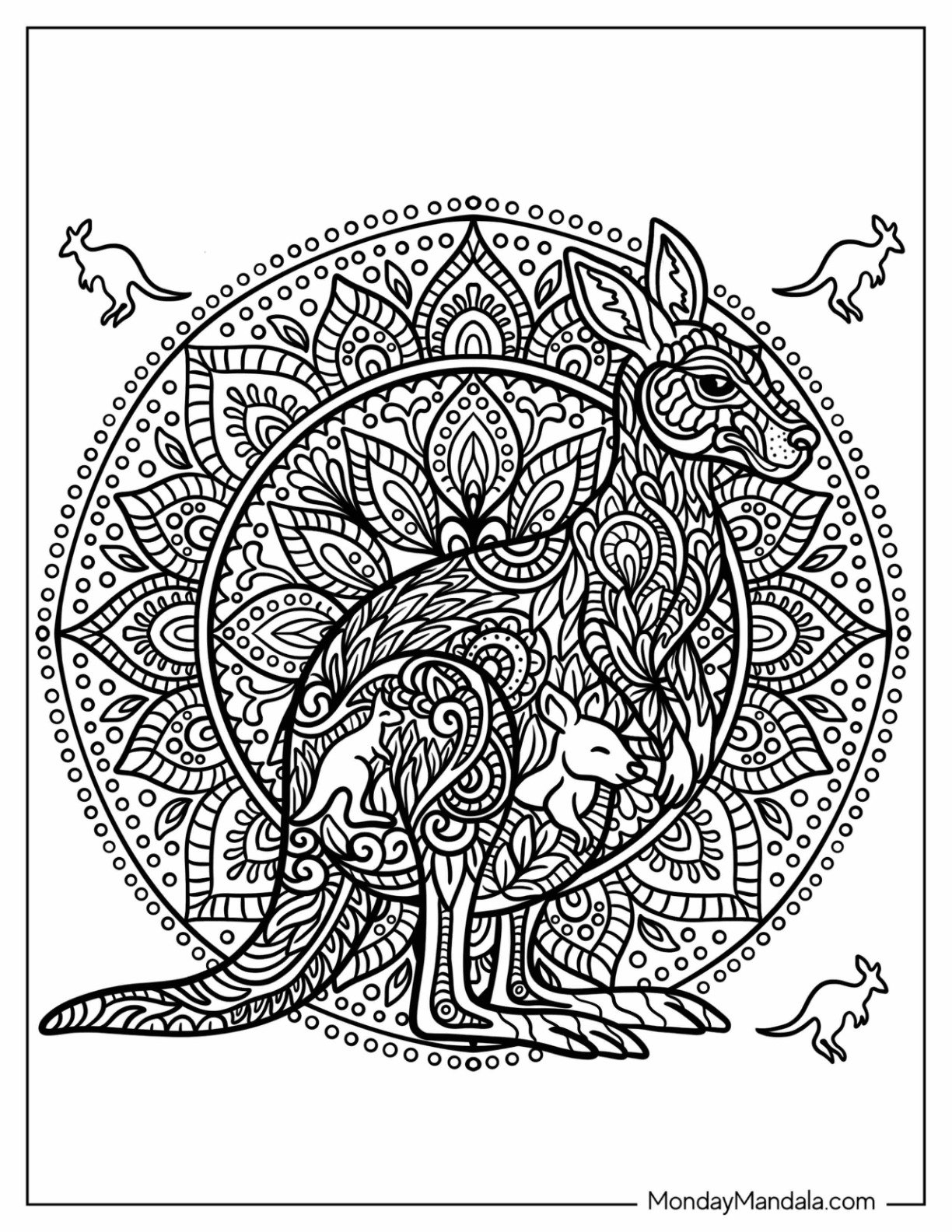 Intricate Kangaroo Coloring Page Mandala with Baby Joey in the Pouch