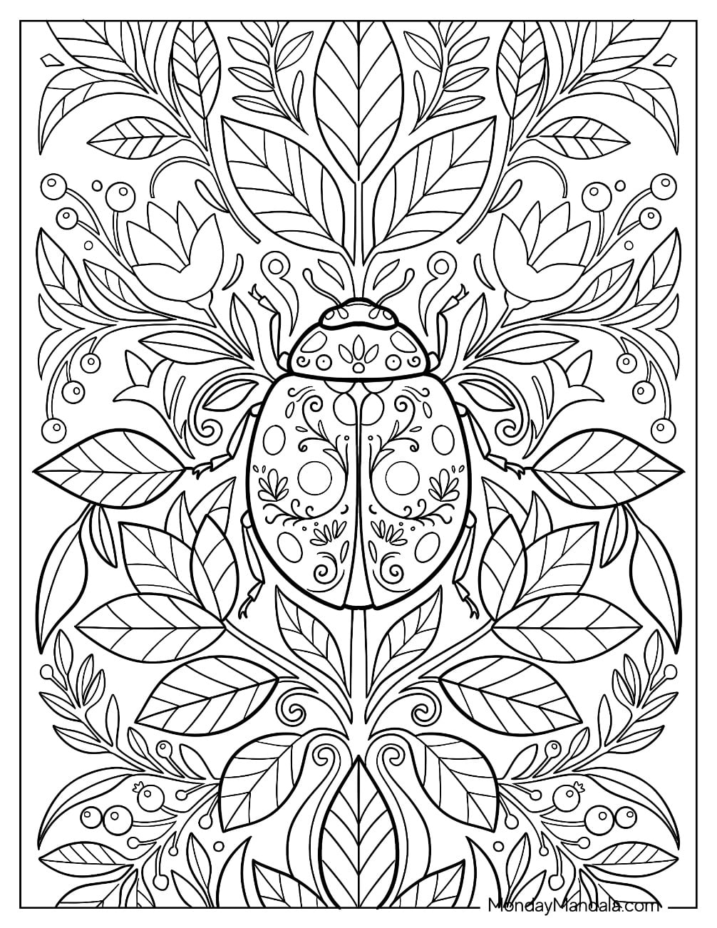 Intricate Leaf Ladybug Mandala Coloring Sheet