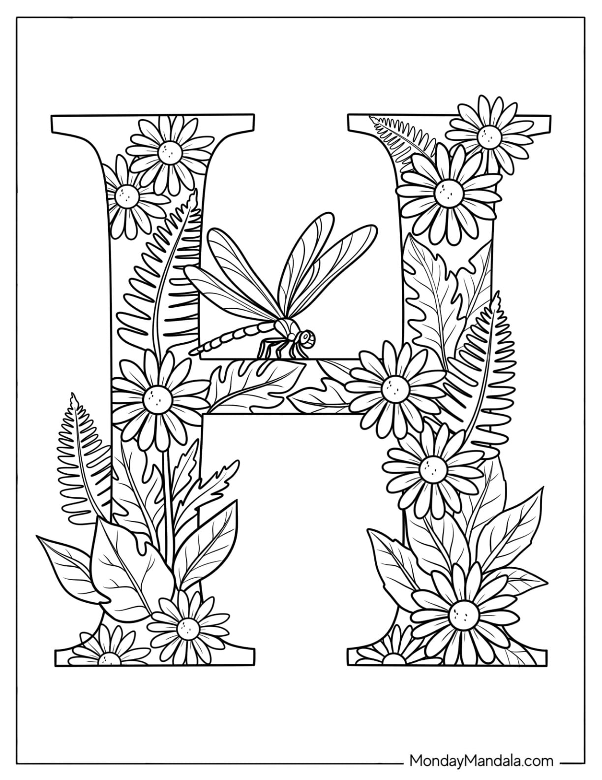 Intricate Letter H Coloring Page Covered in Flowers with Dragonfly