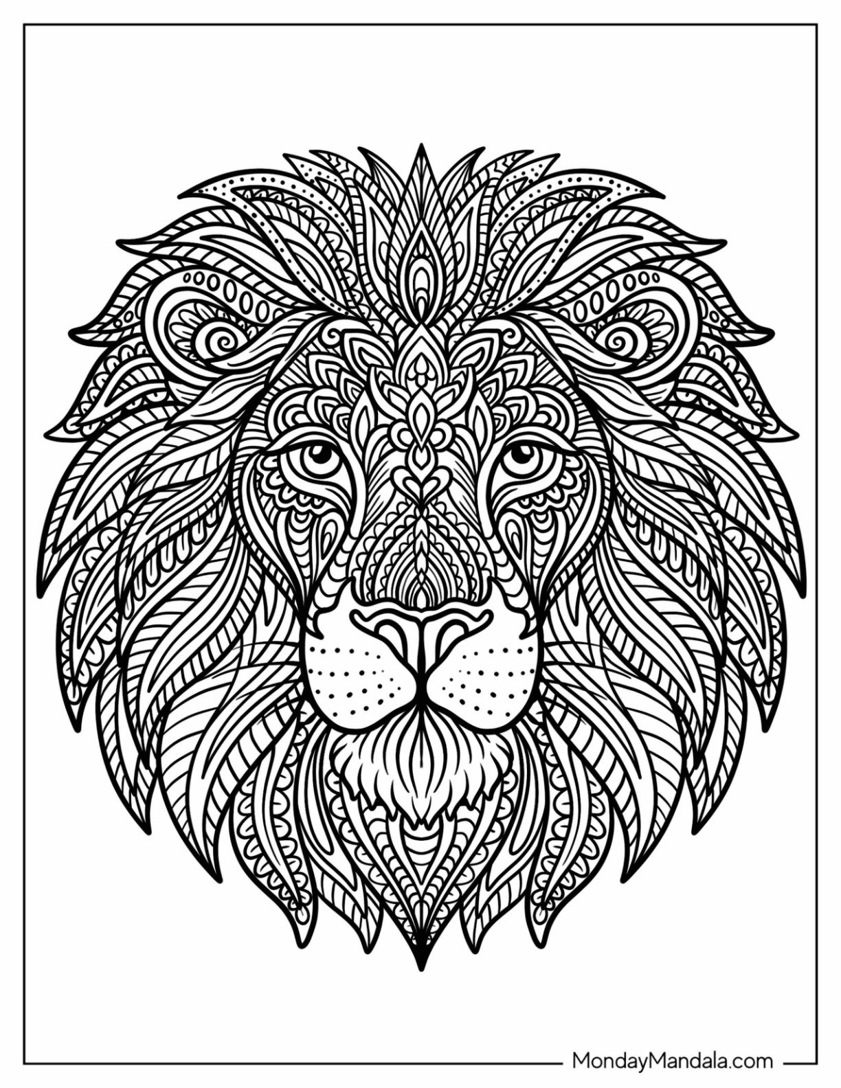 Intricate Lion Coloring Page Head Mandala with Detailed Mane