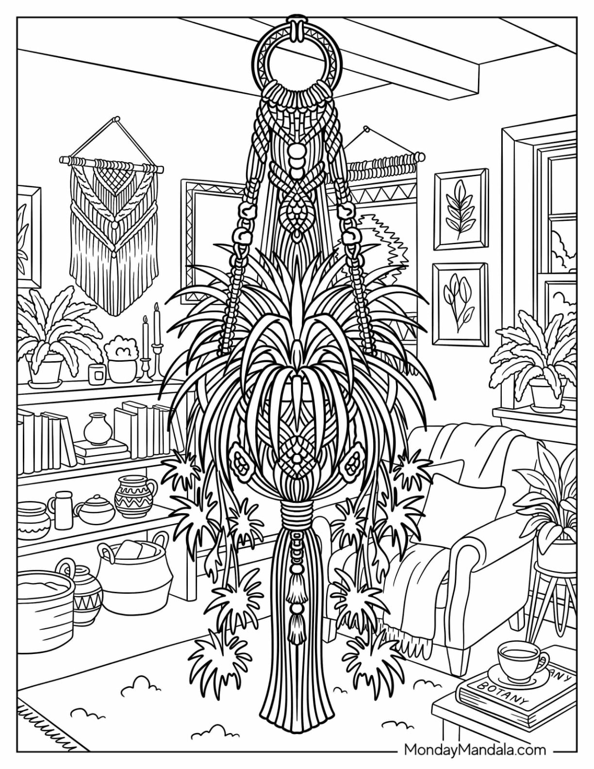 Intricate Macramé Plant Hanger with Hanging Houseplants and Cozy Home Decor