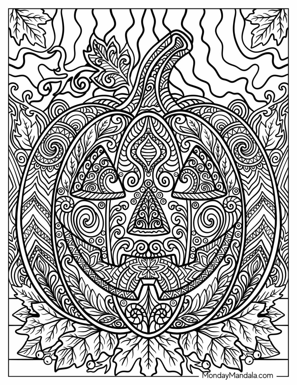 Intricate Mandala Jack O’ Lantern with Autumn Leaves Coloring Page