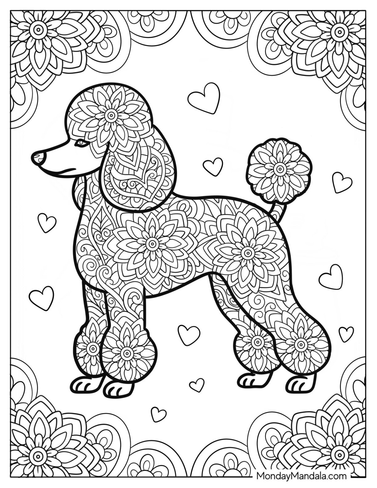 Intricate Mandala Poodle Coloring Page with Floral Patterns and Hearts