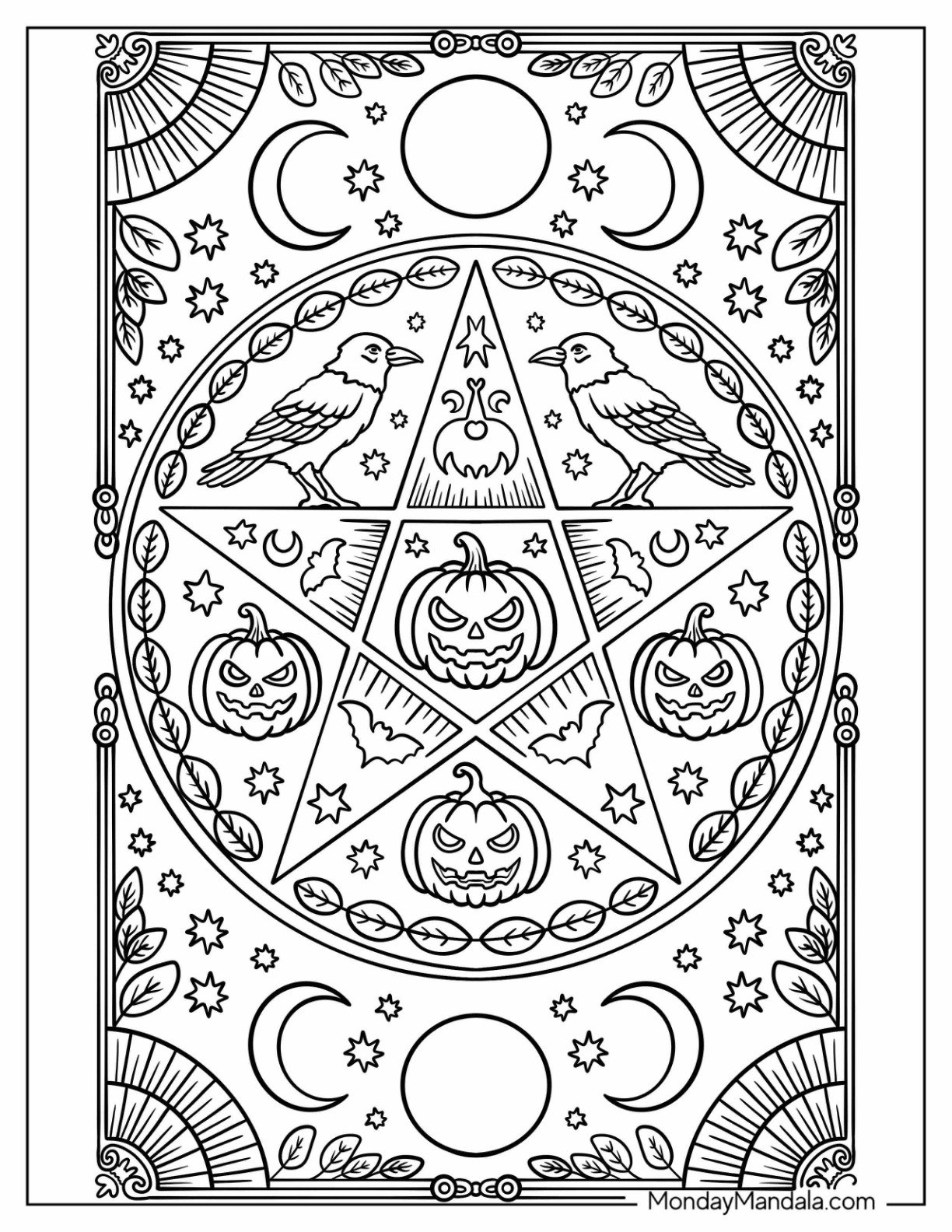 Intricate Pentagram Design with Pumpkins, Ravens, and Moons Halloween Coloring Page for Adults