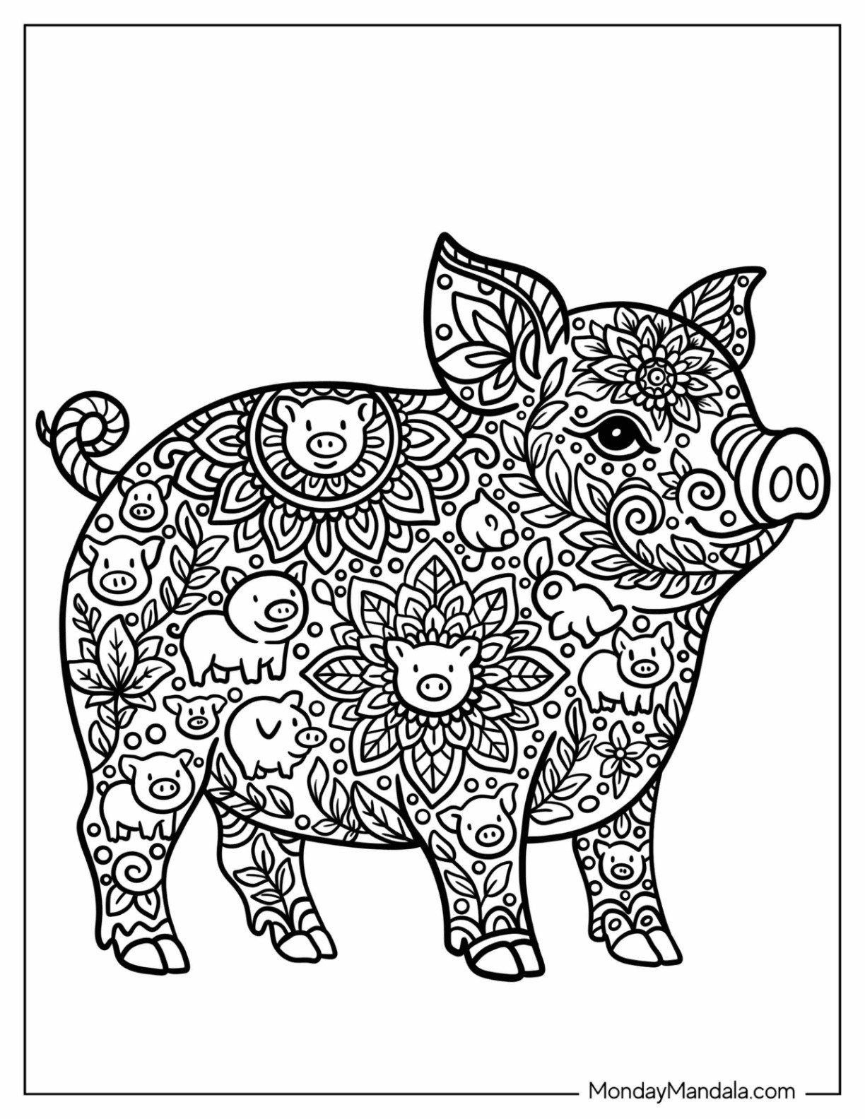 Intricate Pig Coloring Page Mandala with Flower and Piglet Patterns