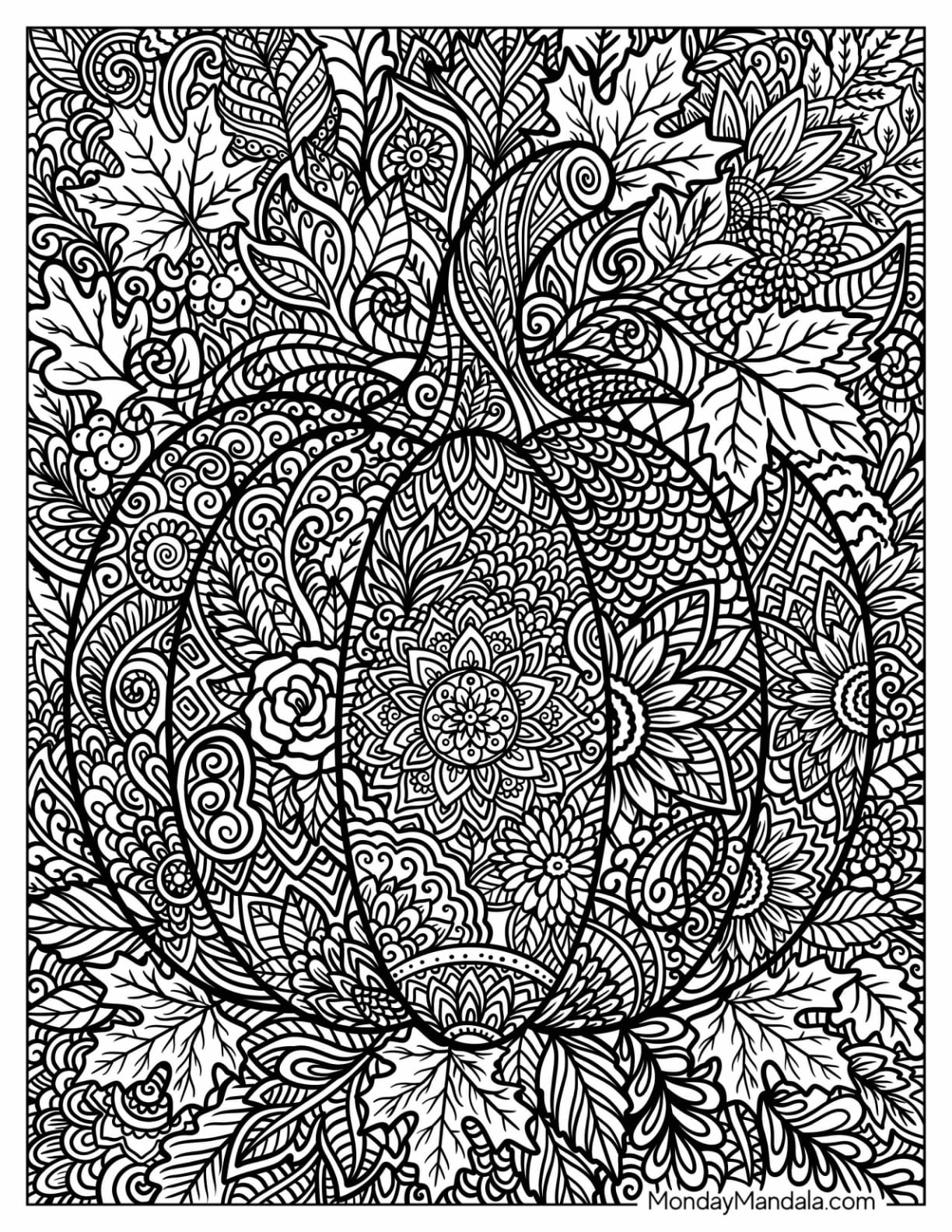 Intricate Pumpkin Mandala with Leaves Coloring Sheet