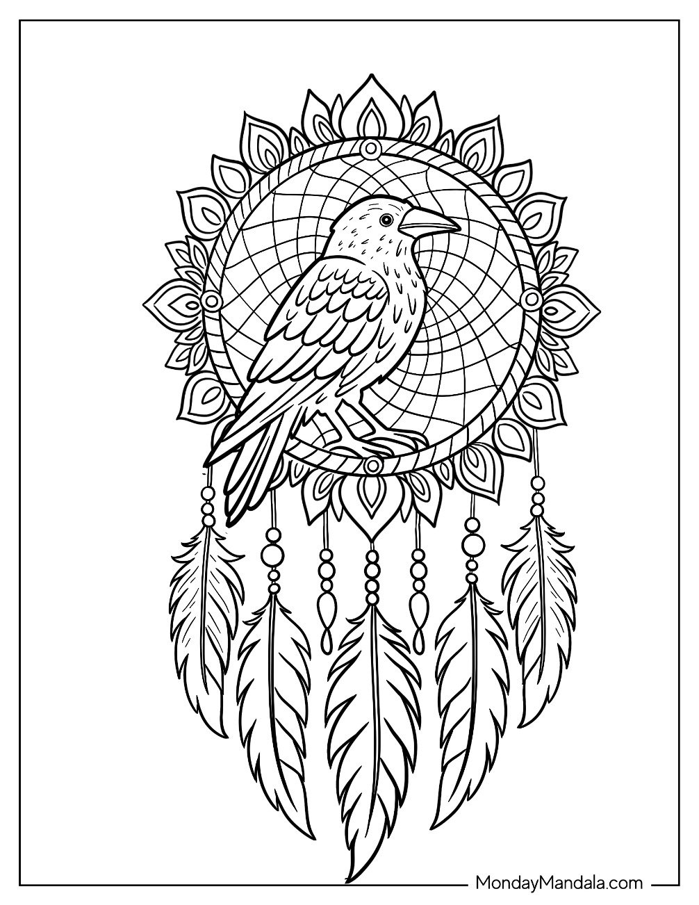 Intricate Raven Coloring Page Dreamcatcher with Feathers