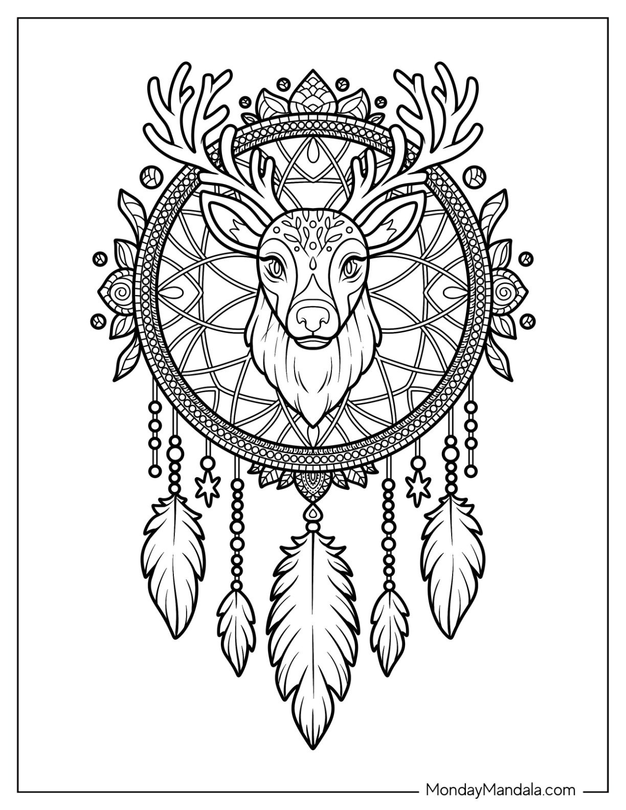 Intricate Reindeer Dreamcatcher with Beads and Feathers