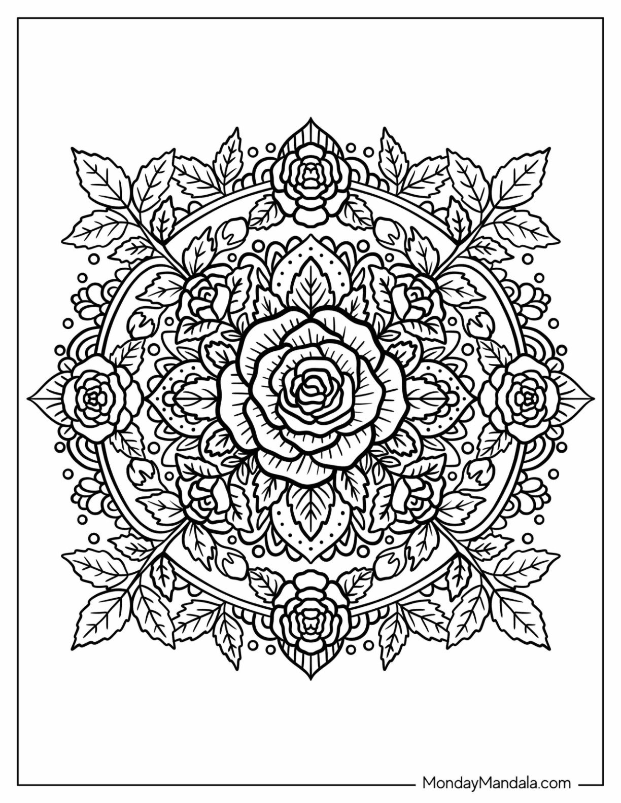 Intricate Rose Coloring Page Mandala with Leafy Designs