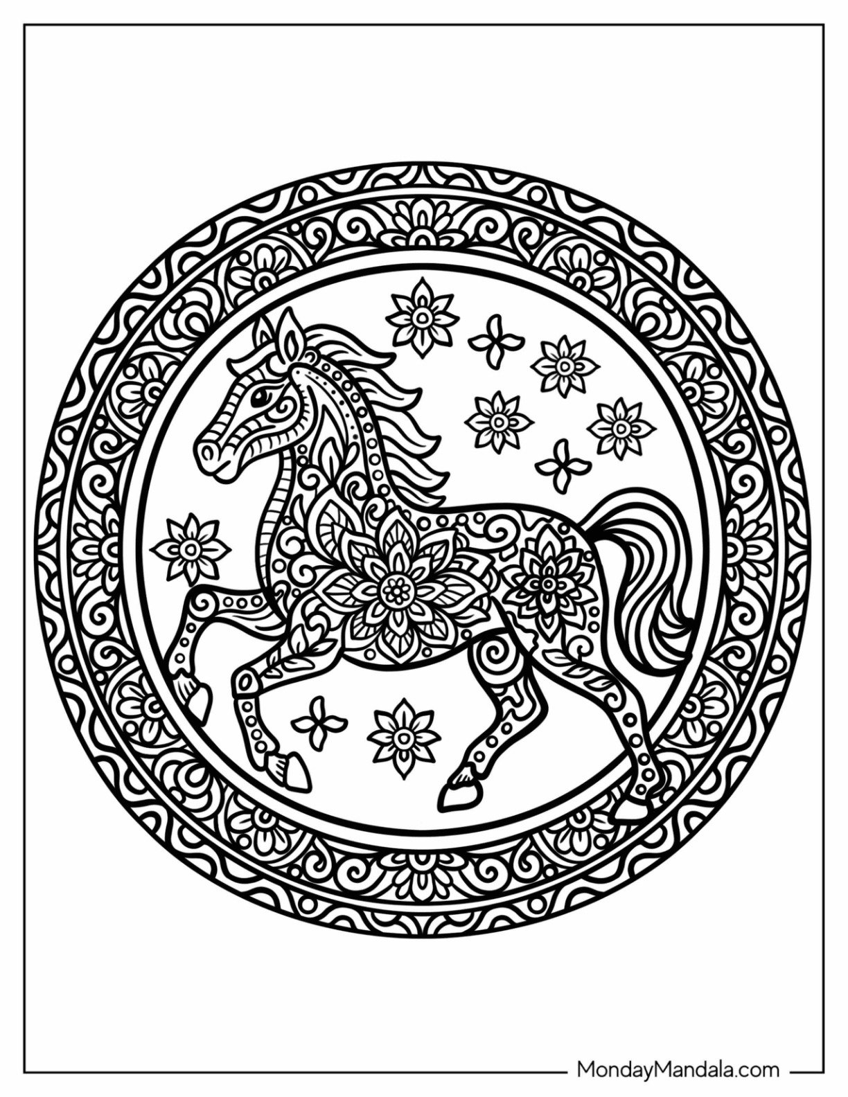 Intricate Round Mandala with Horse Coloring Page and Flowers at the Center