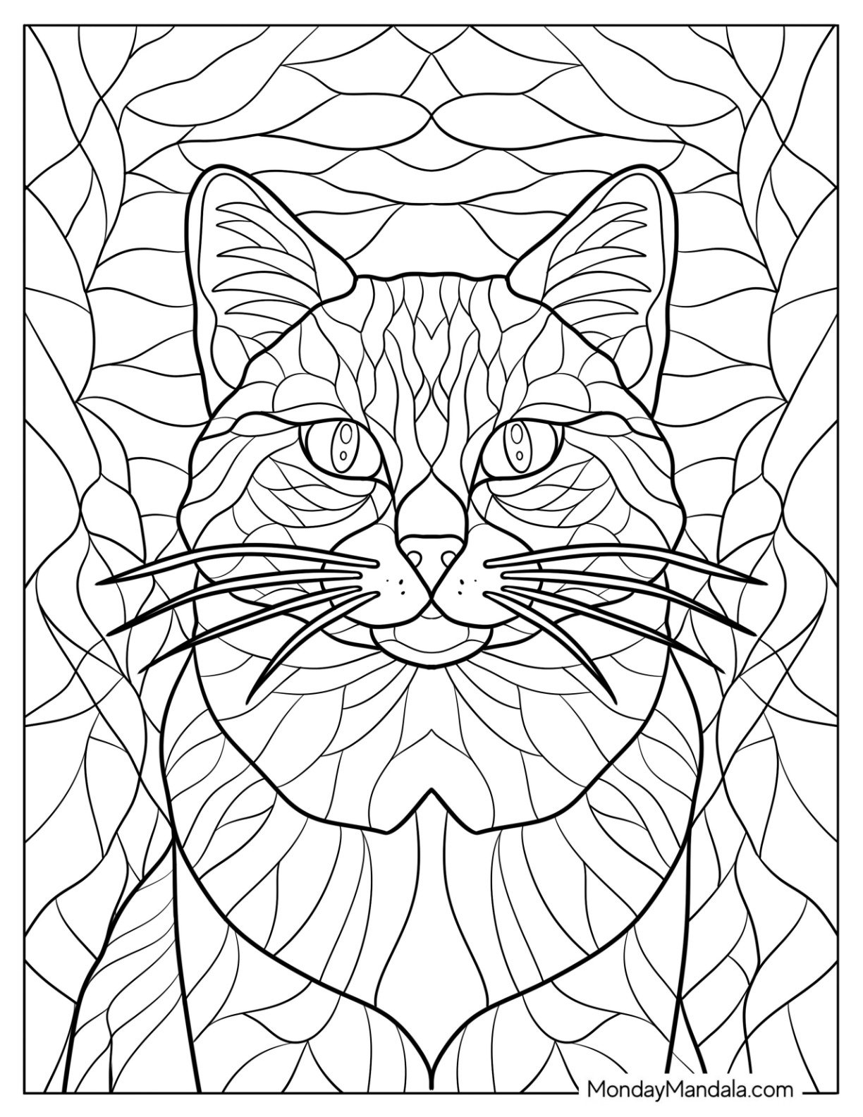 Intricate Stained Glass Cat Coloring Page Portrait with Bold Whiskers