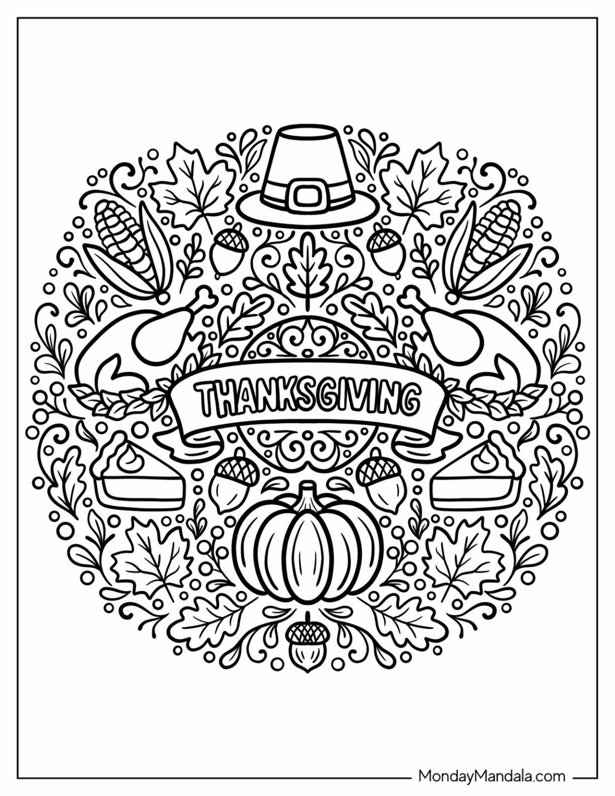 Intricate Thanksgiving Coloring Page of Mandala with Turkeys, Pumpkin Pie, and Autumn Leaves