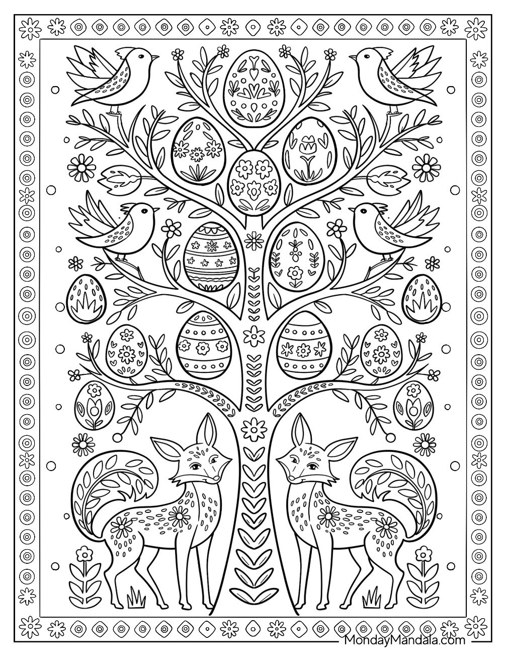 Easter For Adults Coloring Page of Intricate Tree with Easter Eggs and Foxes