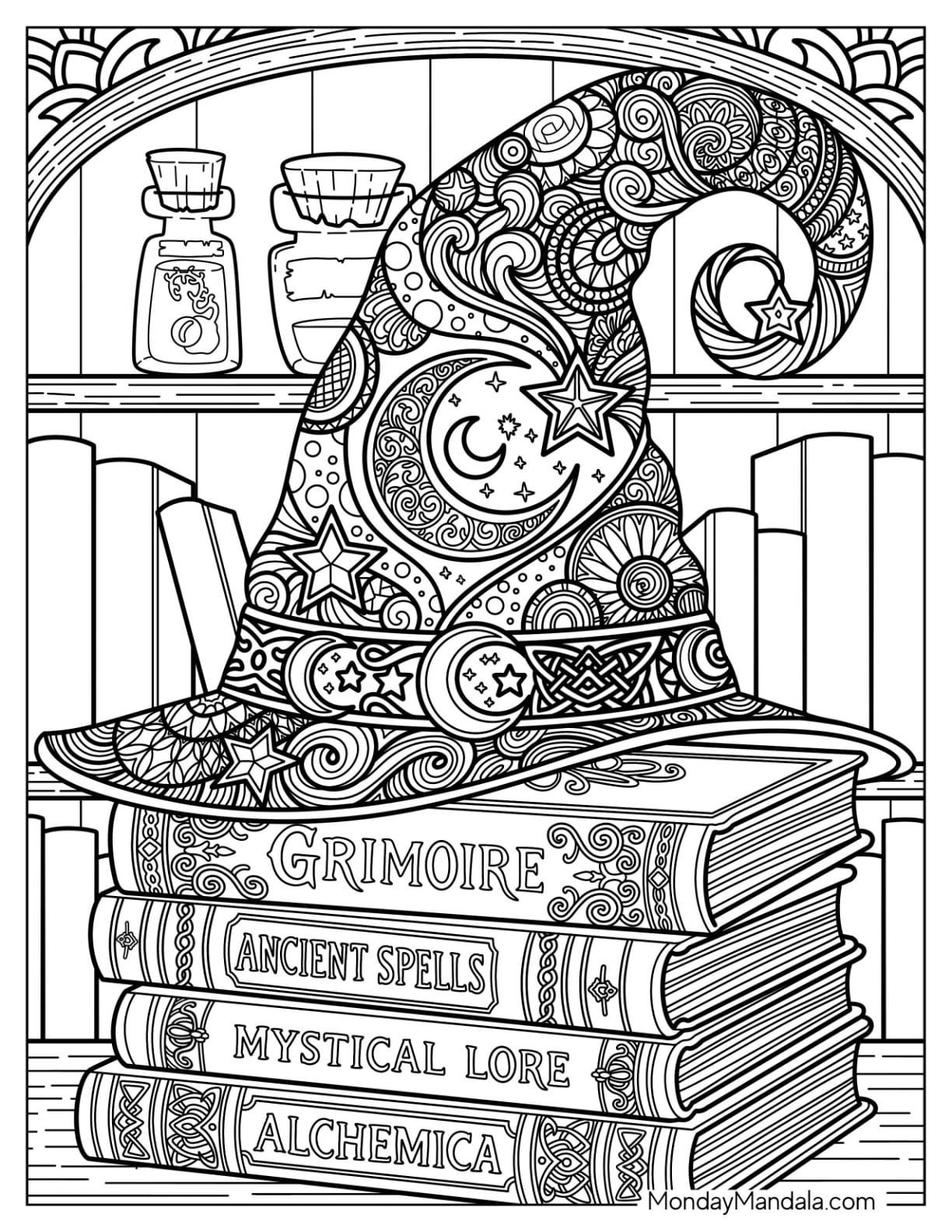 Intricate Wizard Hat on Top of Ancient Spellbooks Coloring Page