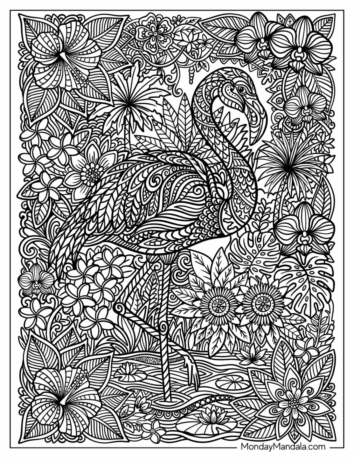 Intricately Patterned Flamingo Surrounded by Tropical Flowers