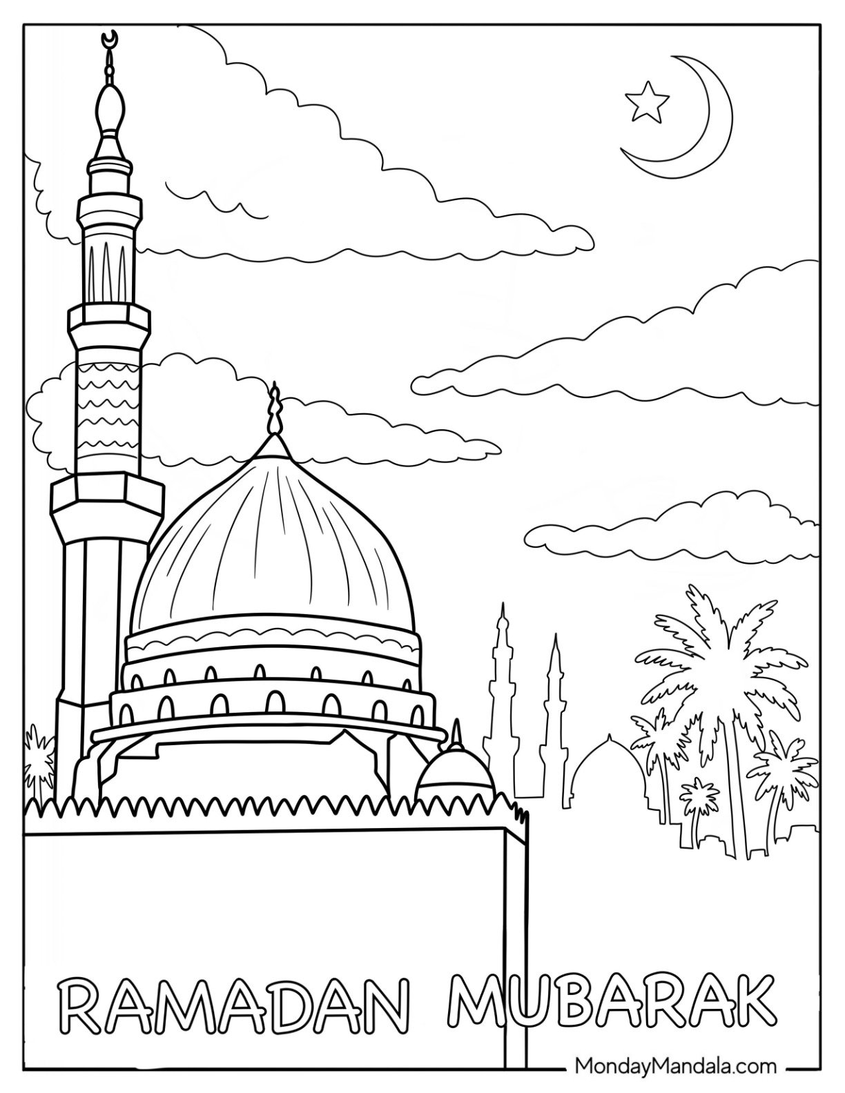 Islamic Mosque Silhouette with Palm Trees for Ramadan Coloring Page