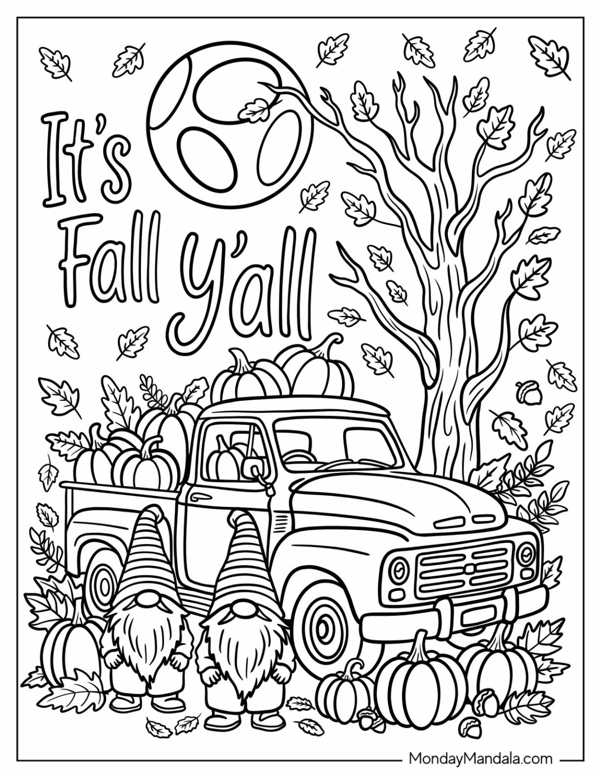 Autumn & Fall Coloring Page for Adults of It s Fall Y All Text Above Truck with Pumpkin Harvest and Gnomes