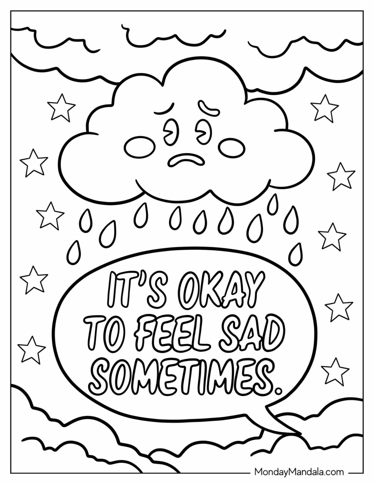 Sad Coloring Page Of It s Okay To Feel Sad Sometimes With Adorable Rain Cloud