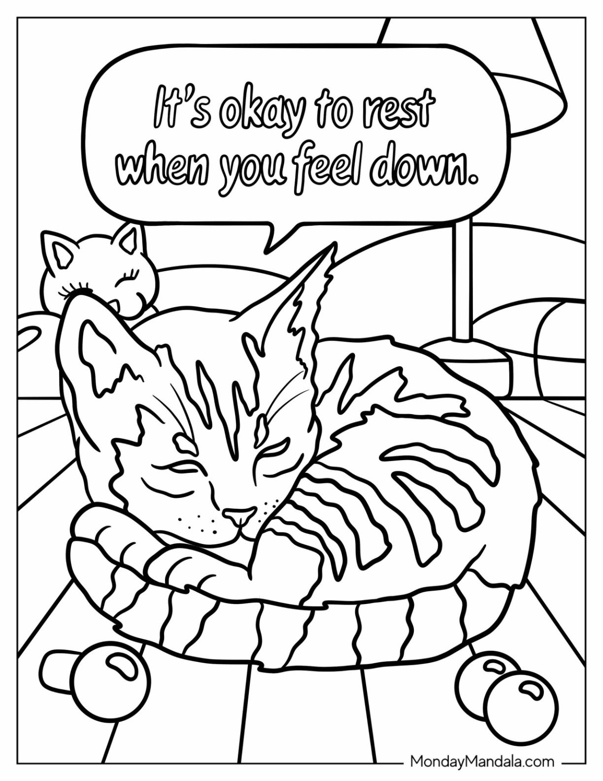 Sad Coloring Page Of It s Okay To Rest When You Feel Down Words Over Sleeping Tabby Cat