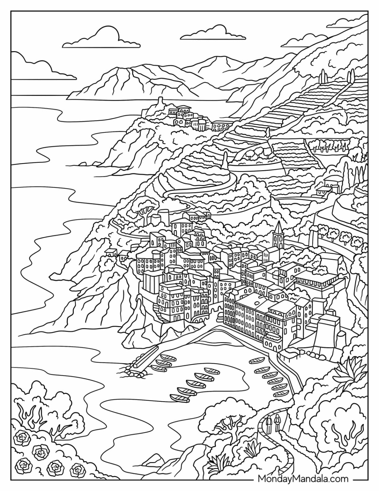 Italy Coloring Page of Cliffside Village with Terraced Hills and Harbor