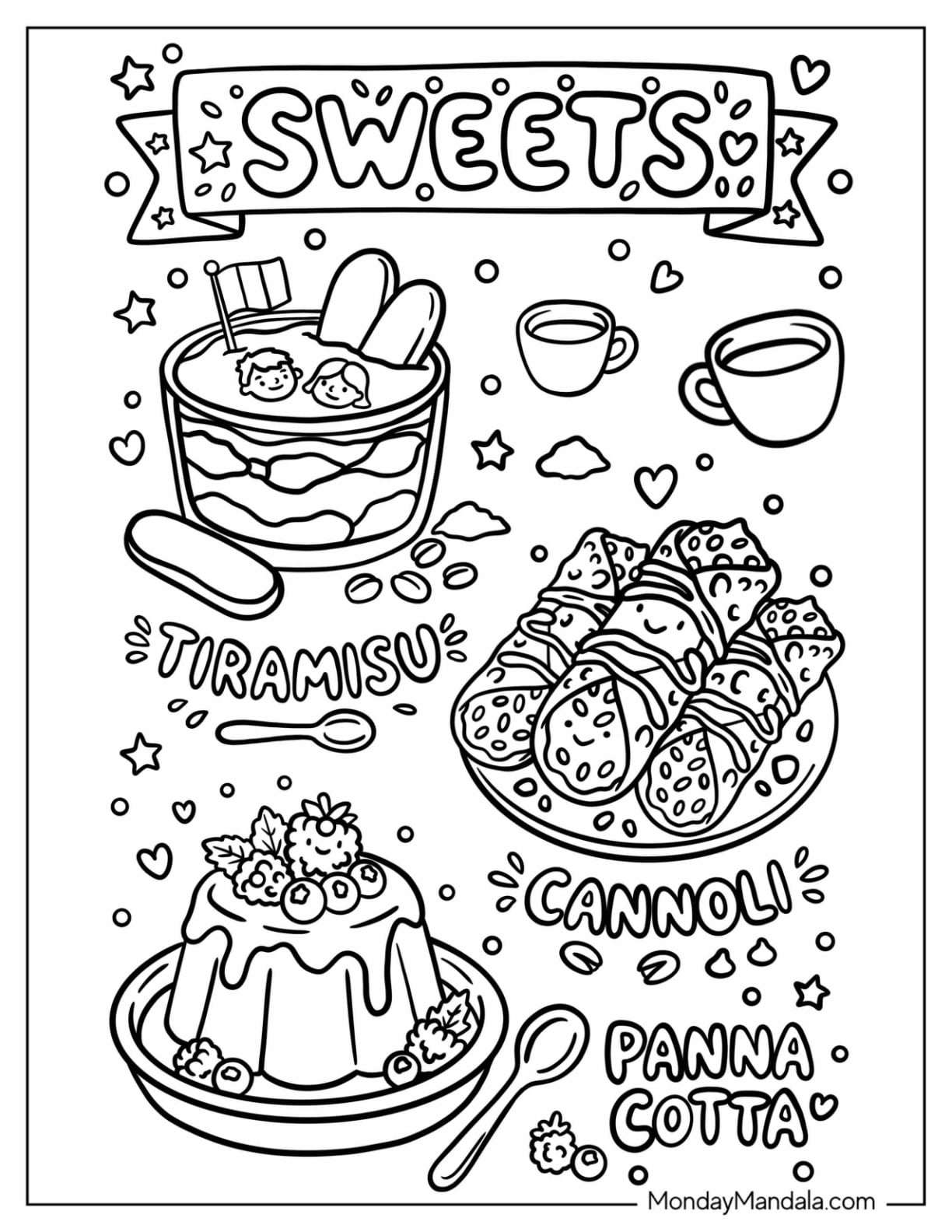 Italy Coloring Page of Desserts with Tiramisu Cannoli and Panna Cotta